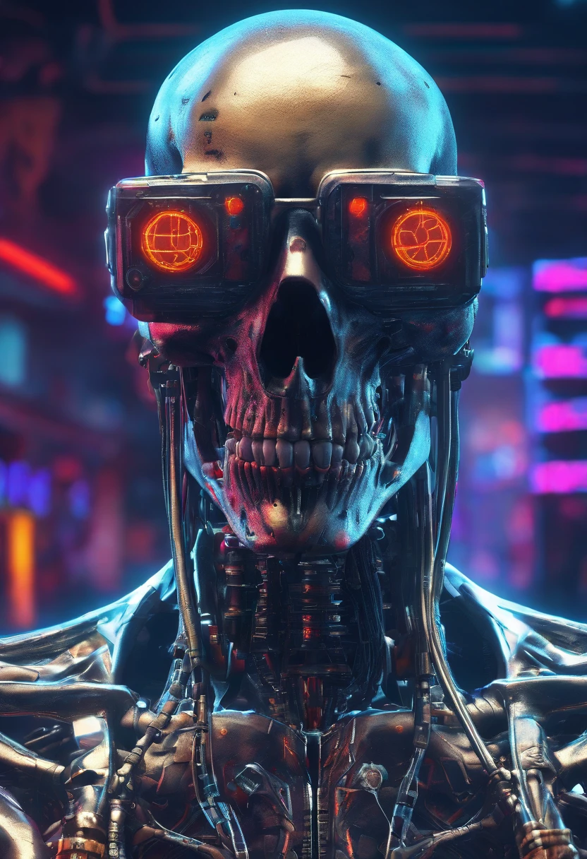 cinematic still shot of a skeleton with mechanical parts in his body sitting in a cyber punk themed bar + cinematic lighting + dramatic lighting + photorealistic + photorealism + ray tracing + unreal engine 5 + high detailing + exclusive details + prime + high quality + ultra detailing 8k, hdr, hr --v 4
