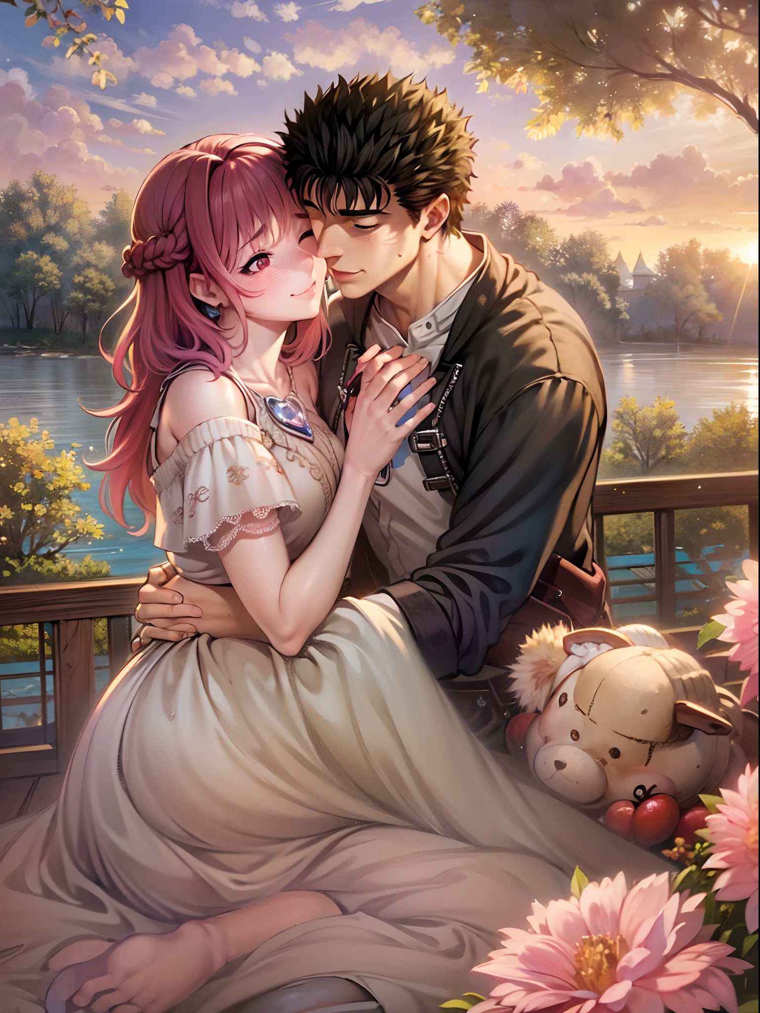 riamu,guts,couple,husband and wife,love dovey couple,sitting,hug,kiss,smile,(best quality,4k,8k,highres,masterpiece:1.2),ultra-detailed,(realistic,photorealistic,photo-realistic:1.37),traditional oil painting,romantic evening scene,soft lighting,vivid colors,expressive brushstrokes,late summer sunset,whispering sweet nothings,gentle breeze,dreamlike atmosphere,glowing warmth,subtle smiles,loving gazes,delicate touch,fingers intertwined,heartfelt connection,embrace that speaks volumes,endless love,unbreakable bond,pure happiness,eternal love,deep affection,contentment in each other's arms,goosebumps of joy,cheeks filled with blush,a moment frozen in time,celebration of love's beauty, berserk, idolm@ster