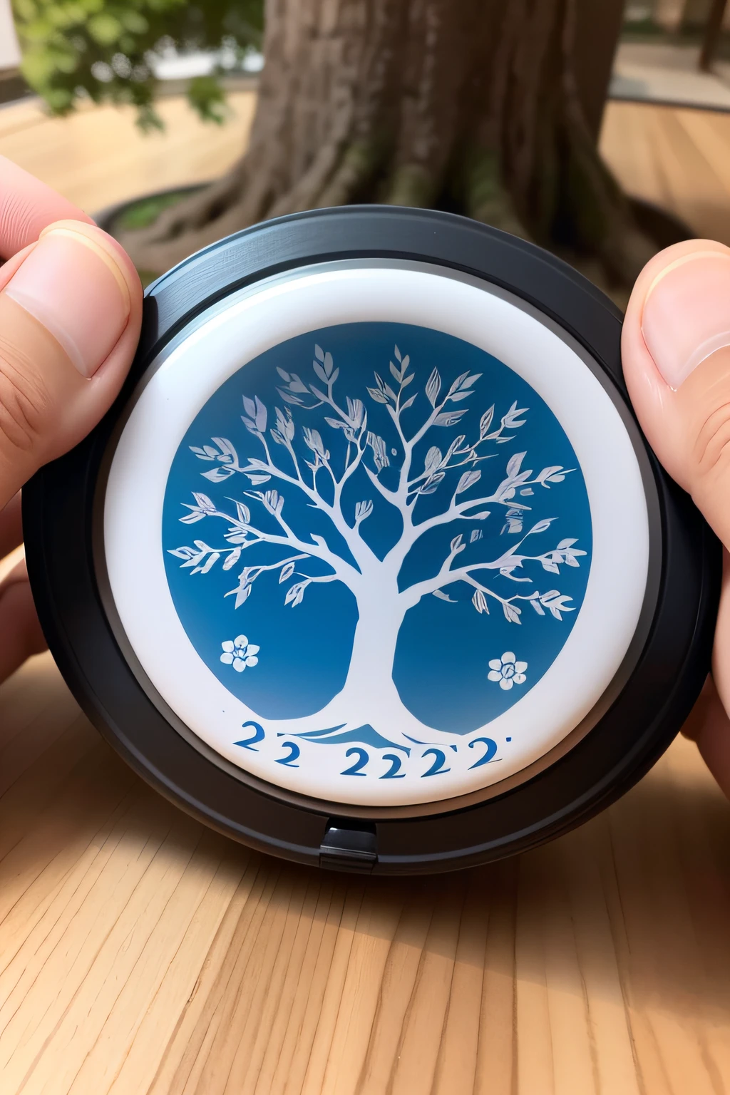 I want a class emblem that represents our class。The theme is unity and growth,It symbolizes the team spirit of our class and the goal of mutual progress。 The class emblem should be round,The diameter is about 10 cm。There should be a pattern in the center of the class emblem,It can be a tree or a symbol of growth and hope。This pattern should have a simple and modern style。 Around the tree,I want text with class names。The name of the class is 'Blue Sky Class',Use white fonts,The font style should be legible。 Make sure that both the tree pattern and the class name are centered on the class emblem,And clearly visible。if possible,Add a small flag at the bottom of the tree,It says '2023',to indicate our graduation year。