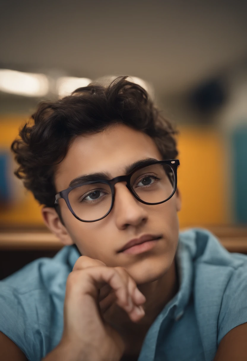 homem adolescente,glasses,erudito,gordura,classroom background, careca obesa, Estudante de fundo sentado na cadeira irritado, alunos rindo
