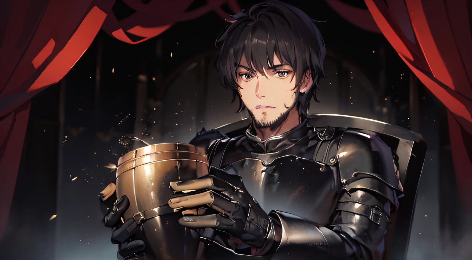 tmasterpiece，Best quality，Super fine illustration，A dark-haired man in black armor sits in a chair with a wine glass，Medieval hotel，