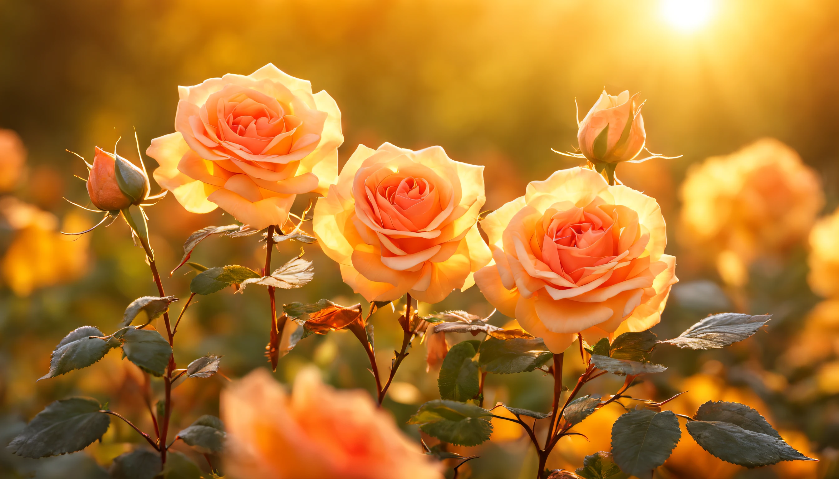 Rose flowers in the autumn garden and sunlight with bokeh, soft autumn sunlight, autumn sunlights,golden autumn,at sunset in autumn, golden rays of sunlight, autumn garden, (masterpiece, ultra quality, high resolution, 8k, intricate: 1.2), (masterpiece), (best quality:1)