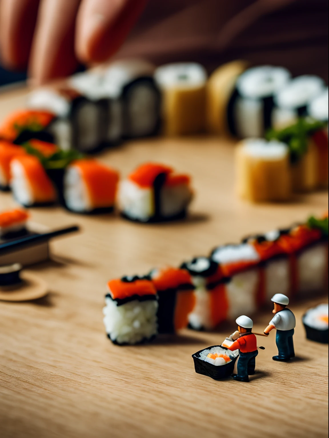 Tilt-shift photography, tiny little miniature men building-up a complex sushi roll, action scene.