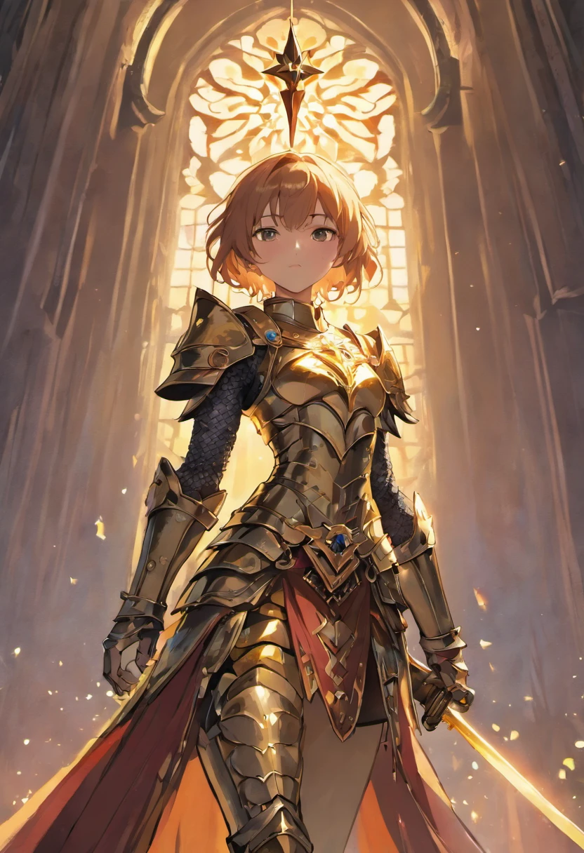(extremely detailed CG unity 16k wallpaper:1.1), (Denoising strength: 1.45), (tmasterpiece:1.37), An intense, Close-up depiction of a woman in knightly armor. She stood on a stone bridge, The walls soar into the sky, Homem-Imponente, Behind him is magnificent. In her hand, she is holding a sword, Its edges sparkle in softness, The glow of the setting sun fades away. Her face was resolute, Show her inner strength and courage. Intricate details on the armor, Castle, And the sword brings the scene to life, realistic quality., god rays, sparkle, glowing light