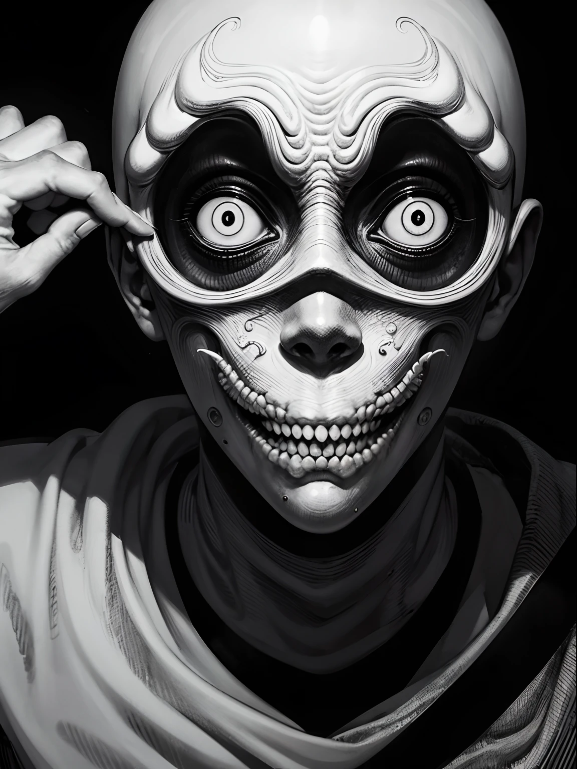 [(Junji Ito:1.5), creepy, dark, black and white, detailed manga line art, scared, horrified, terrified, insane, creepy, unsettling, disturbing, (horror manga style), twisted, warped, psychological horror, grotesque, morbid, surreal]