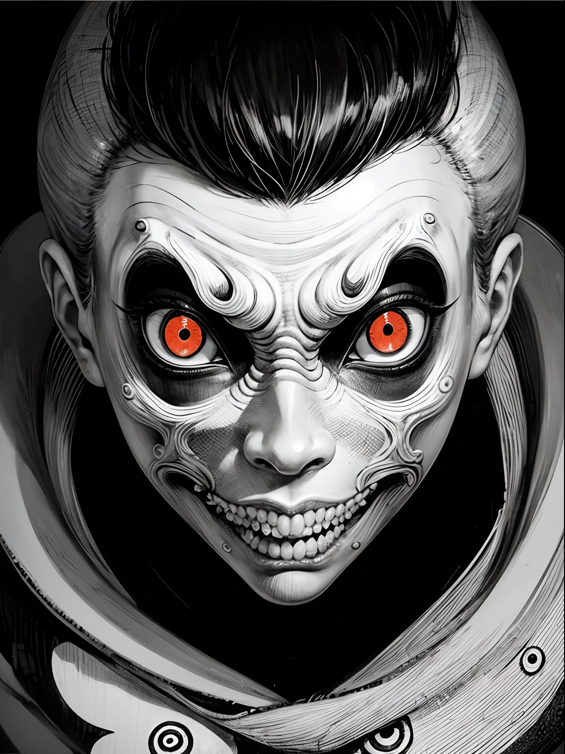 [(Junji Ito:1.5), creepy, dark, black and white, detailed manga line art, scared, horrified, terrified, insane, creepy, unsettling, disturbing, (horror manga style), twisted, warped, psychological horror, grotesque, morbid, surreal]