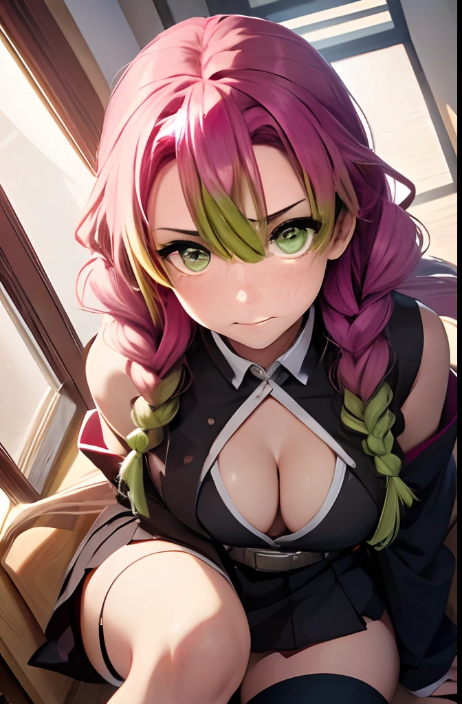 Mitsurikan Log, mitsuri kanroji, braid, Gradient Hair, (Green eyes:1.5), Green hair, Long hair, Mole, Mole under the eyes, multicolored hair, Pink hair, Twin braids, Two-tone hair, Brake belt, Black skirt, cleavage, coat, demon slayer uniform, haori, Komono, Long sleeves, Miniskirt, partially unbuttoned, Pleated skirt, Skirt, uniform, BREAK looking at viewer, Break indoors, BREAK (masutepiece:1.2), Best Quality, High resolution, Unity 8k壁纸, (Illustration:0.8), (Beautiful detailed eyes:1.6), extra detailed face, Perfect Lighting, extremely details CG, (Perfect hands, Perfect Anatomy),colourful hair, The whole body is reflected, (Off-the-shoulder costumes:1.5), ((chest wide open and exposed)), (Smile), Sitting on a chair,　legs crossed,　Hands behind the head, Showing the side