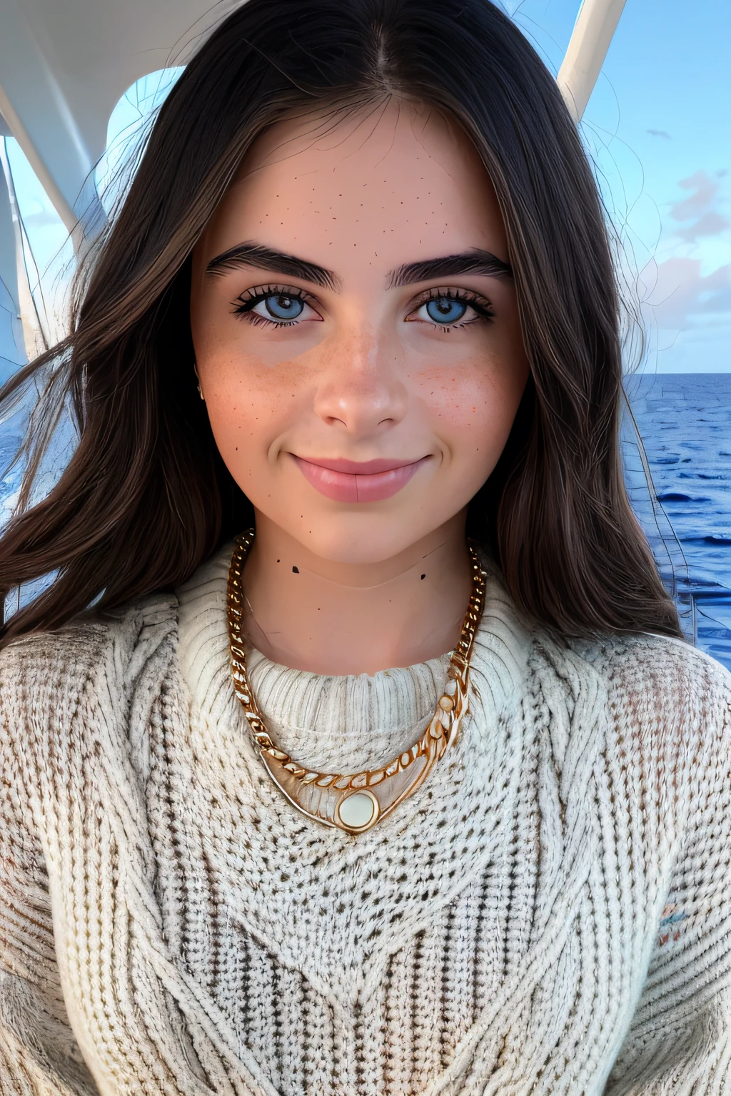 ((extreme close up)) of a stunningly beautiful young woman, face, pale, head shot, nice smile, in a knit sweater, stunning gold necklace, on a yacht at sea, RAW, 8K, UHD, natural lighting, sharp focus, stunning face, nice eyes, fujifilm xt3