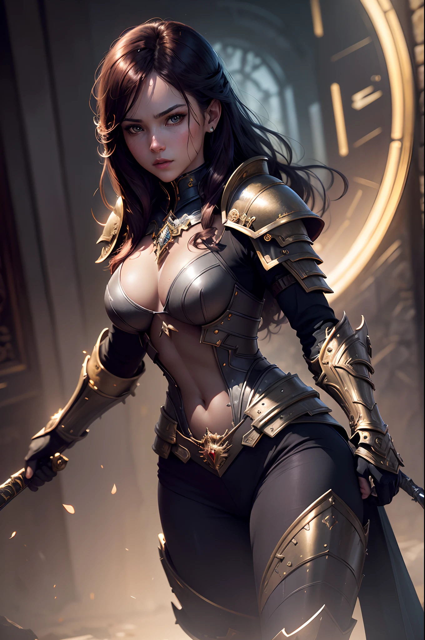 In 8K resolution(full bodyesbian:1.3)shots、splashart、Fantastic comic book style、Photorealistic and intense look、Anatomical photorealistic digital painting(youth:1.3)Human portrait(youth:1.3)Black and gold complex(heavily armored:1.3)and red hair(Dark and moody universe:1.3)、light particules、highlydetailed skin、swordsmen、extremely detailed eye、 (Elden Ring-style:1.1)、(warhammer style:1.3)、Concept Artist、globalillumination、depth of fields、splashart、Art by Artgerm and Greg Rutkowski and Viktoria Gavrilenko