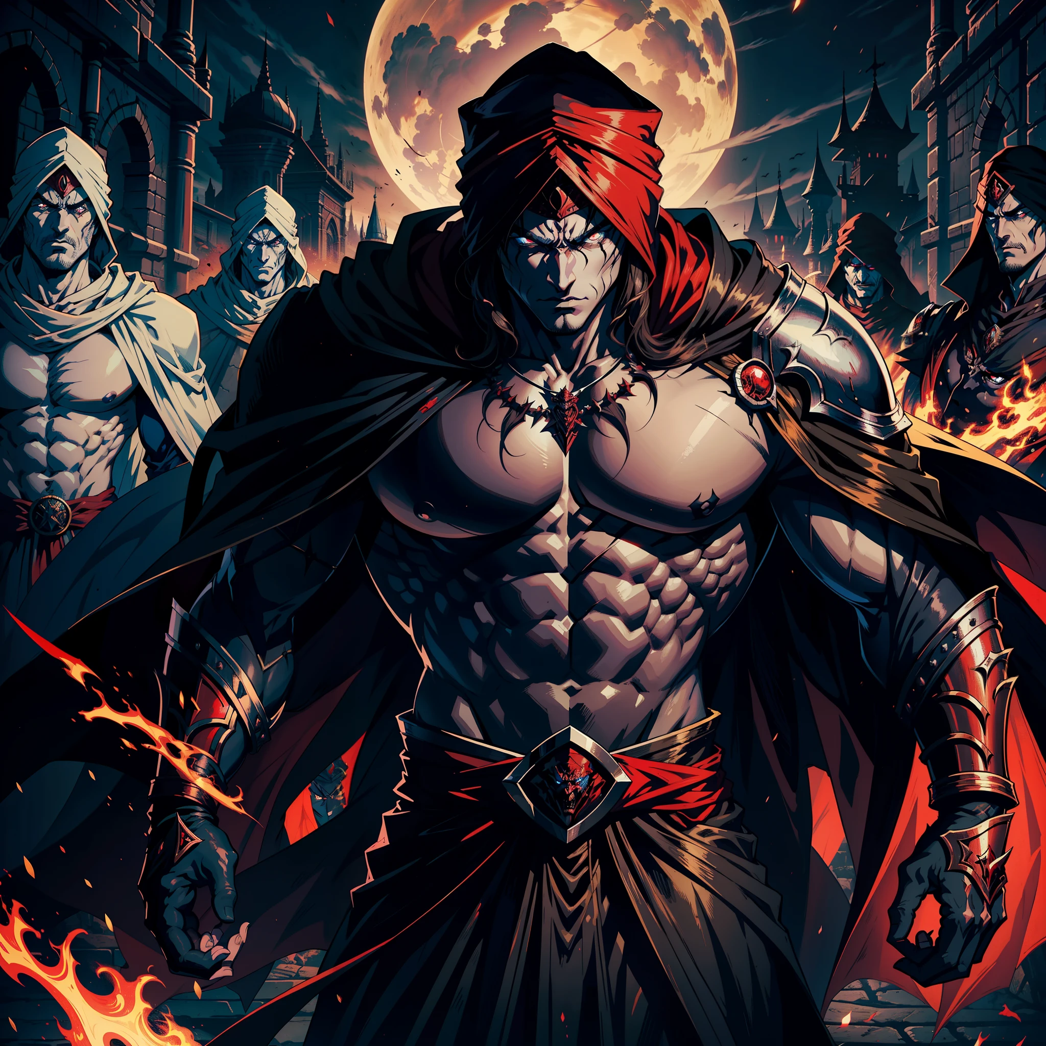 Castlevania Hyper Realistic Shadow Lord Super Detailed Dynamic Plan Master Piece of Lord Dracula Medieval Arab Warrior with Red Turban Scary Face Hokuto No Ken Structure Muscular Face Kenshiro Troops at the head Army of demons to fight sharp details Cinematic Scenes Epic Movie Hyper Realistic Movie Movie Legendary Movie Epic Movie
