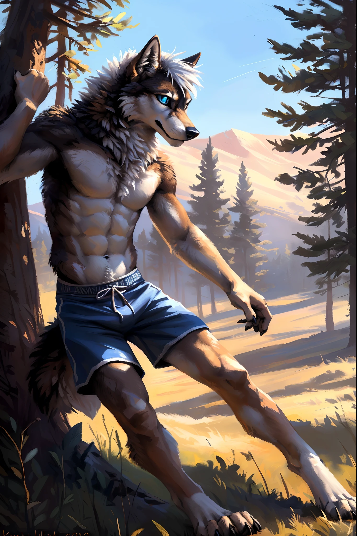 ((Solo)), male people, anthro wolf, (Multi-colored fur, White-brown:1.3，White tail pointed), ((Wolf face, White hair, Big eyes, White eyelids, Blue pupil, Slim:1.2) (Tough, Calm expression:1.2)), Abs, Slim, pinging)), (Correct anatomy), (Work shorts:1.1), The upper body is naked, (detailed outfits),A big tail，Feet，(Realistic fur, Detailed fur texture, labeled:1.3)), (Natural lighting), Photorealistic, Hyperrealistic, ultradetailed, by Kenket，Endless grasslands，There are no trees，There are no big stones，No artificiality，erect through，Running on