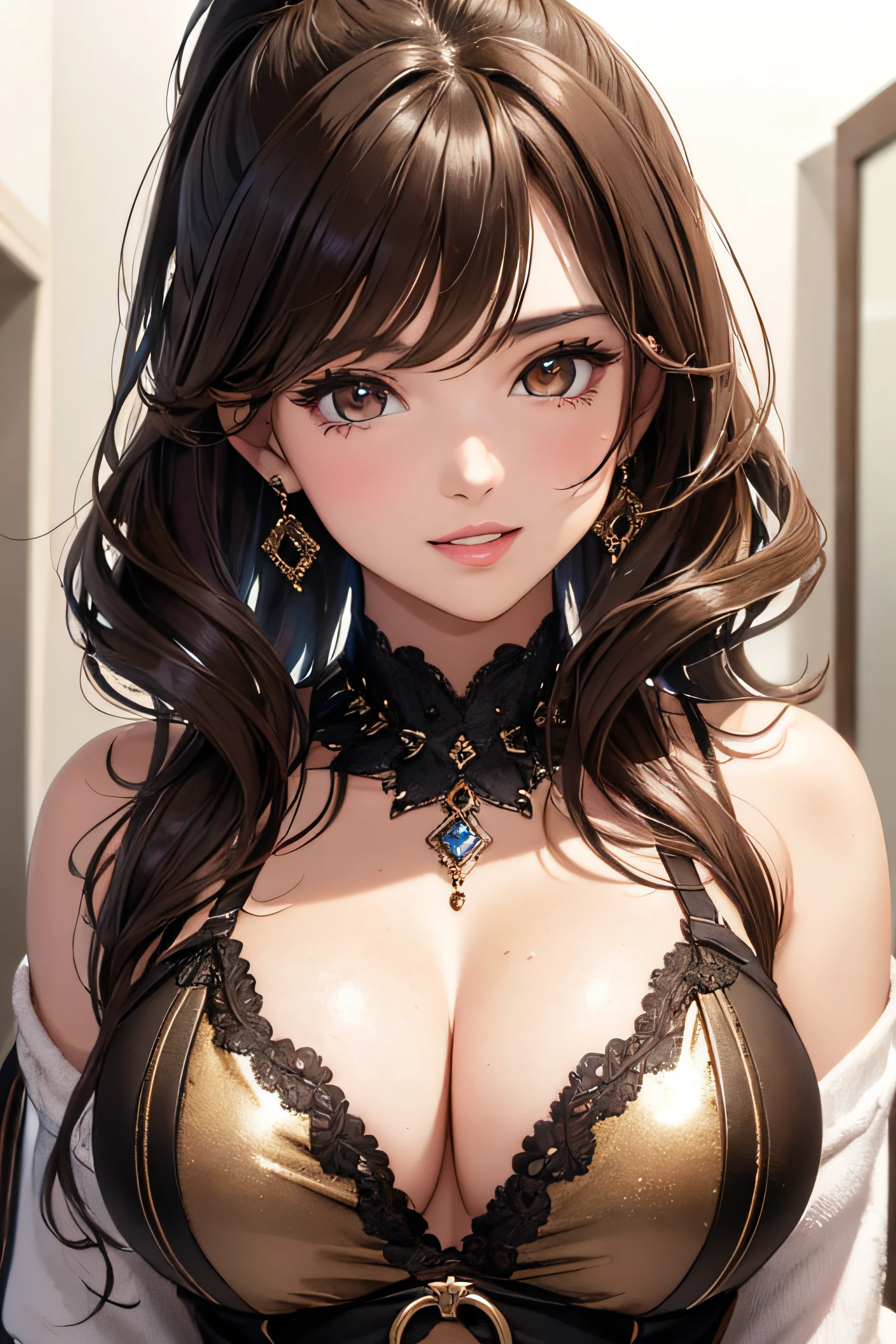 (A front photo)girl in winter clothes, Pretty face, Highly detailed face and skin texture, (Detailed eyes), Brown eyes, Double eyelids, Thin eyebrows, Glitter eyeliner: 1.2, Natural cheeks, Glowing skin, Fair skin: 1. 2, Shiny necklace and earrings, (Shiny lips: 1. 4), (Seductive smile), (20 years old), (High ponytail, Wavy hair, Brown hair, Diagonal bangs), Medium long hair, ((Upper body shot)), (Focus on chest and face), Medium large breasts, Turgid breasts.