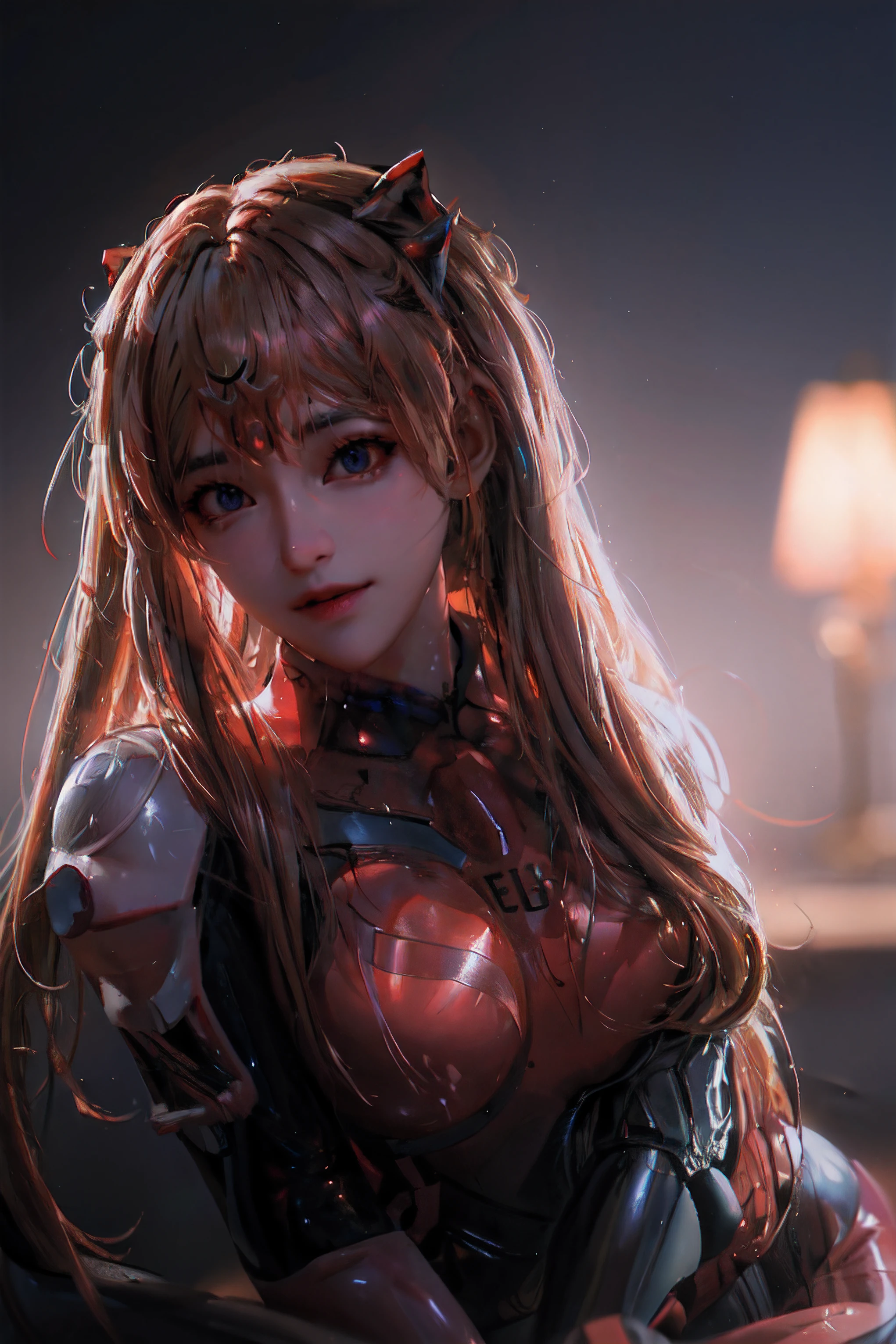 Raw, cinematic shot, (sharp focus:1.5), (photorealistic:1.4), twilight lighting, volumetric lighting, ultra high res, 16K,dramatic lighting, 1girl, beautiful face, asuka cosplay costume, cosplay, plugsuit, bodysuit, hair ornament,