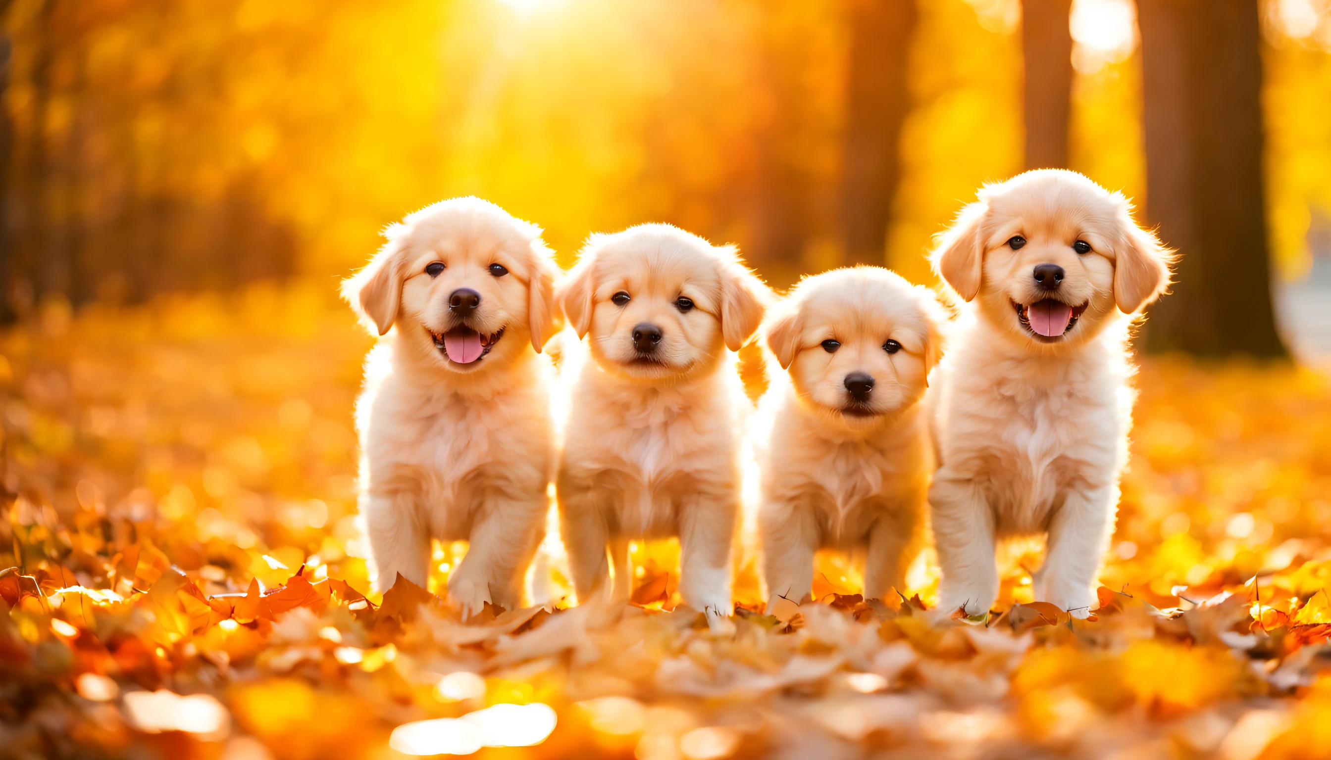 Three dog in the autumn garden full of fallen yellow leaves,soft autumn sunlight, autumn sunlights, shutterstock, autumn light, sunny amber morning light, autumn sunrise warm light, golden autumn, tree-lined path at sunset, autumn lights, melancholy autumn light, at sunset in autumn, golden rays of sunlight, autumn forest, bright dappled golden sunlight
