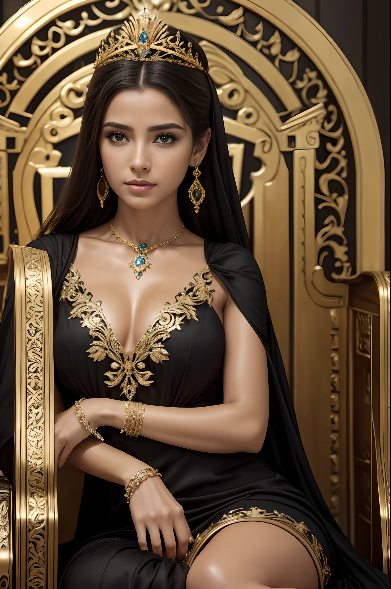 best quality, master part, detalhe, detalhes intrincados, realistic cinematic lighting, (arte de fantasia: 1.6), (Seiza: 1.1), (frente: 1.2), upright, real, majestoso, Rainha, (Trono enorme e dourado: 1.4), coroa, close-up frenteal, solene, trono, postura ereta, seriedade, dignidade, olhar para a frente, contemplation, jewelries, sozinho, Raio Divino, 1 mulher Negra linda , wet lips , vestido dourado e vermelho, Golden Palace, 16k