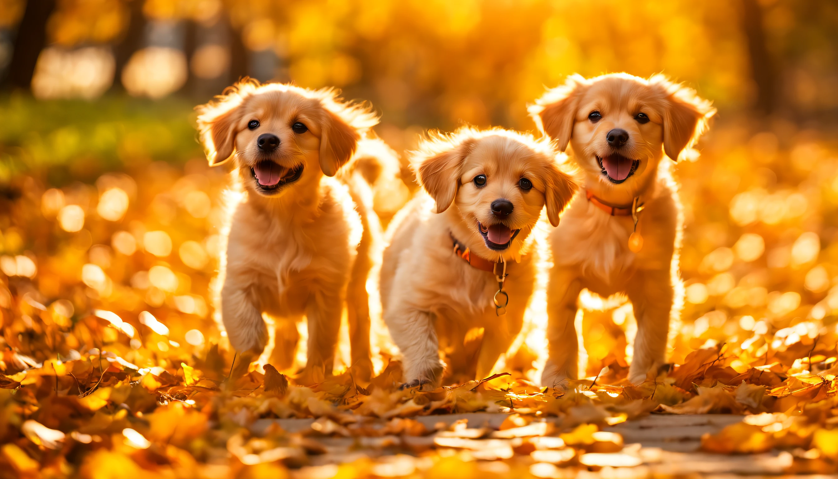 Three  dog in the autumn garden full of fallen yellow leaves,soft autumn sunlight, autumn sunlights, shutterstock, autumn light, sunny amber morning light, autumn sunrise warm light, golden autumn, tree-lined path at sunset, autumn lights, melancholy autumn light, at sunset in autumn, golden rays of sunlight, autumn forest, bright dappled golden sunlight