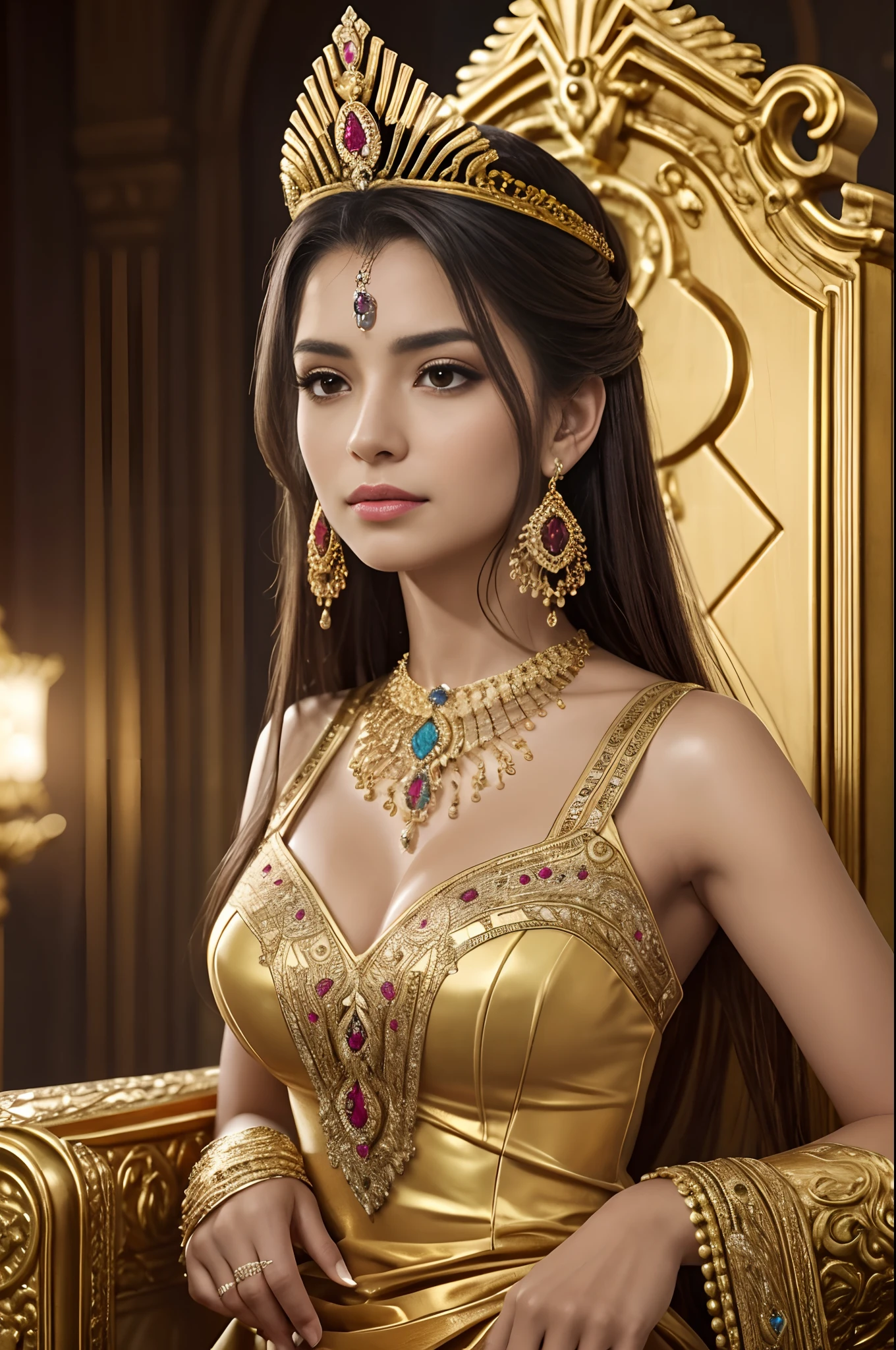 best quality, master part, detalhe, detalhes intrincados, realistic cinematic lighting, (arte de fantasia: 1.6), (Seiza: 1.1), (frente: 1.2), upright, real, majestoso, Rainha, (Trono enorme e dourado: 1.4), coroa, close-up frenteal, solene, trono, postura ereta, seriedade, dignidade, olhar para a frente, contemplation, jewelries, sozinho, Raio Divino, 1 mulher Negra linda , wet lips , vestido dourado e vermelho, Golden Palace, 16k