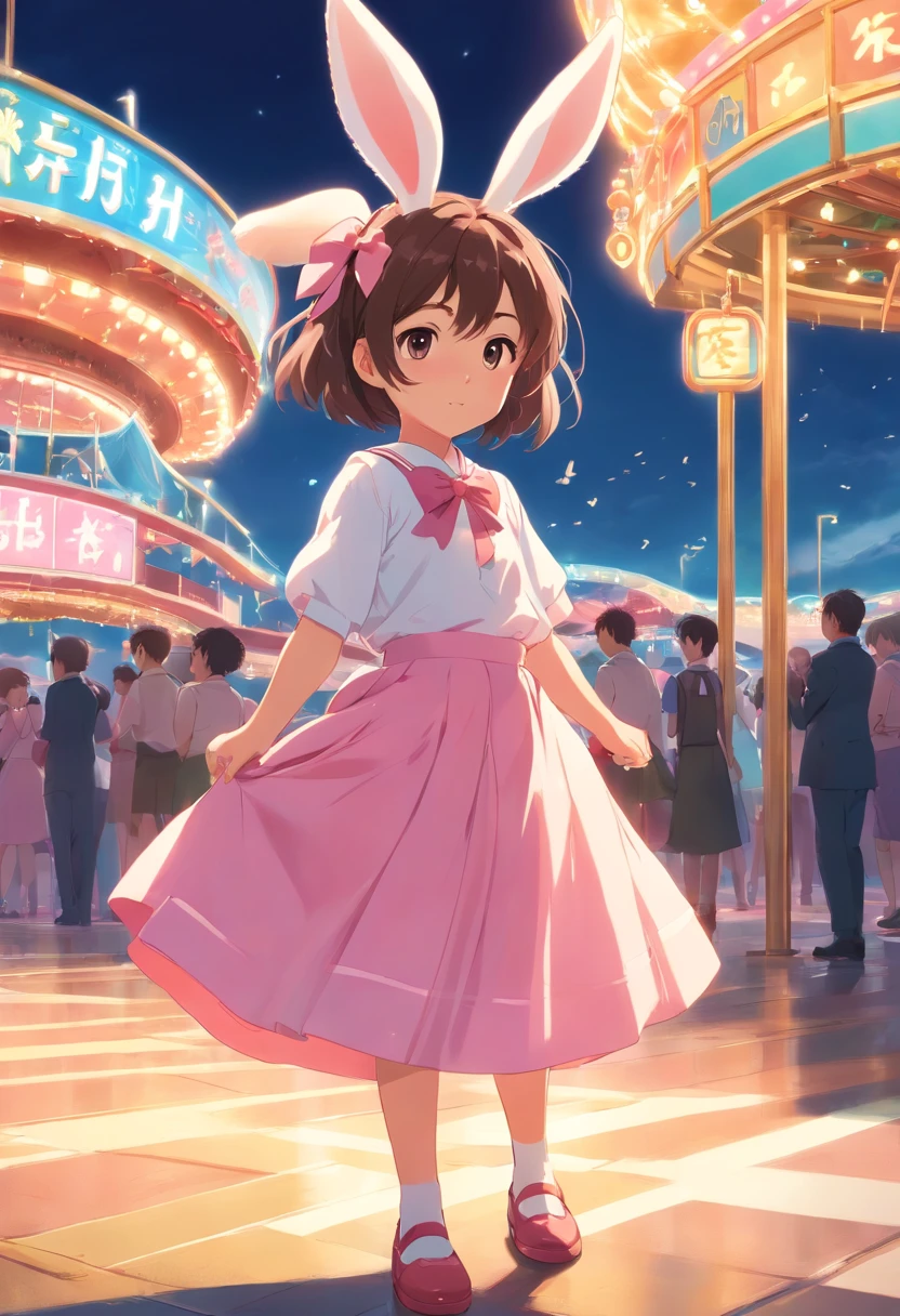 A  in a long skirt with a little rabbit hairpin compared with one hand，Holding a small rabbit dressed in pink and wearing a fan bow hairpin at a large amusement park ,facing forward,short hair