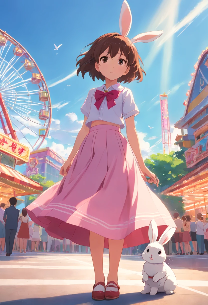 A  in a long skirt with a little rabbit hairpin compared with one hand，Holding a small rabbit dressed in pink and wearing a fan bow hairpin at a large amusement park ,facing forward,short hair