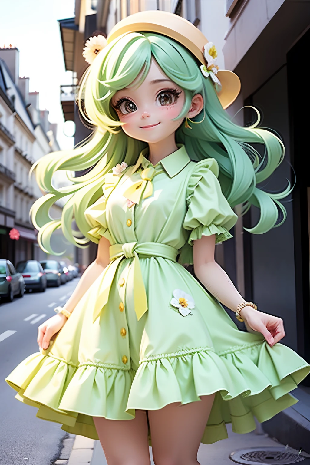 lolli girl in princess long lime green dress with flower style, green lime hair. cute smile , cap, cute ribbons, necktie, paris city street with nice view background