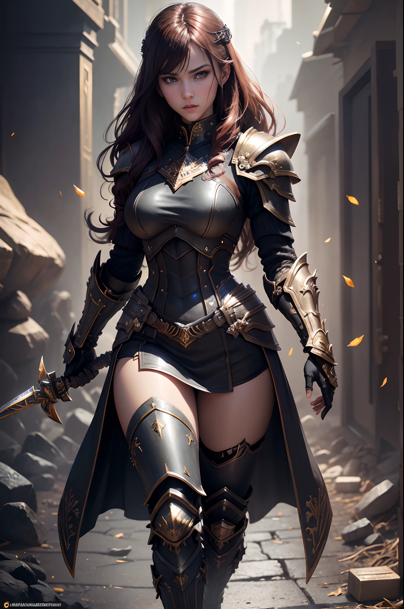 In 8K resolution(full bodyesbian:1.3)shots、splashart、Fantastic comic book style、Photorealistic and intense look、Anatomical photorealistic digital painting(youth:1.3)Human portrait(youth:1.3)Black and gold complex(heavily armored:1.3)and red hair(Dark and moody universe:1.3)、light particules、highlydetailed skin、Young Swordsman、extremely detailed eye、 (Elden Ring-style:1.1)、(warhammer style:1.3)、Concept Artist、globalillumination、depth of fields、splashart、Art by Artgerm and Greg Rutkowski and Viktoria Gavrilenko