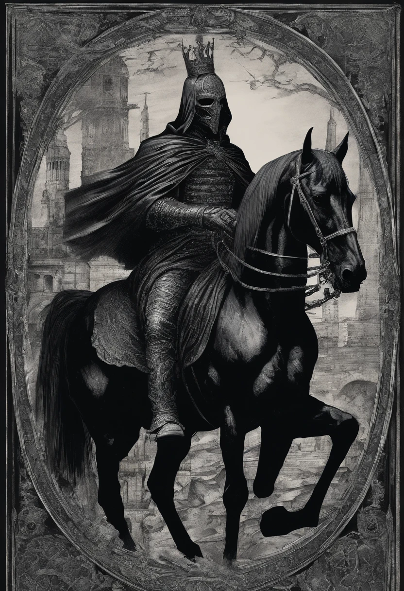 Masked Man on a Black Horse, une bible dans la main, a crown on the head, dessiner dans le style du manga baki avec fond apocalyptique