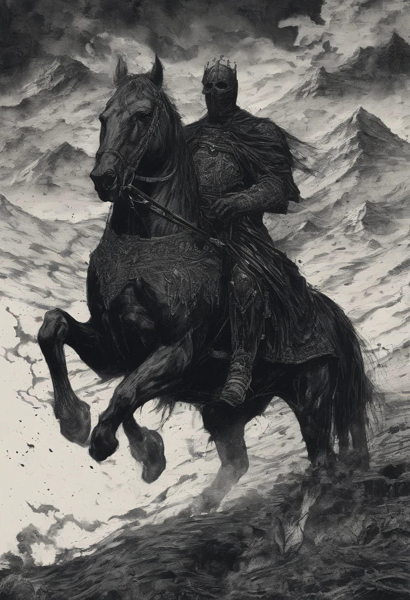 Masked Man on a Black Horse, une bible dans la main, a crown on the head, dessiner dans le style du manga baki avec fond apocalyptique