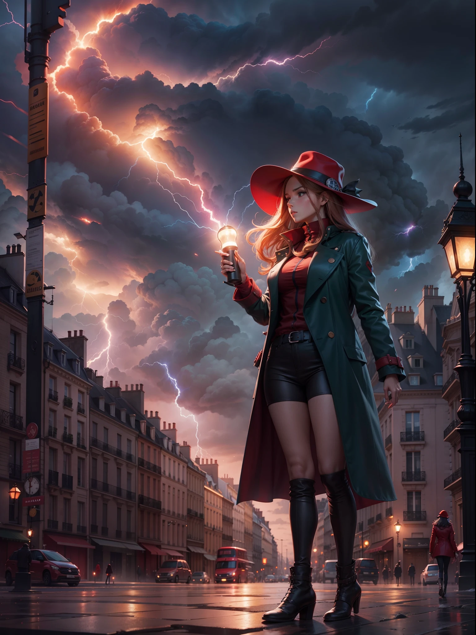 (realistic:0.2), anime illustration, 1girl,, red coat, big red hat, in paris france, sfw, black pants, black office shirt,, carmen sandiego,, blue sky,, long hair,, dramatic lightning, lights, epic lights, light on face, backlit, face light, lit face, fill lamp, fill light, ((masterpiece)),   (carmen_sandiego_v1-1_shurik-2000:0.6)