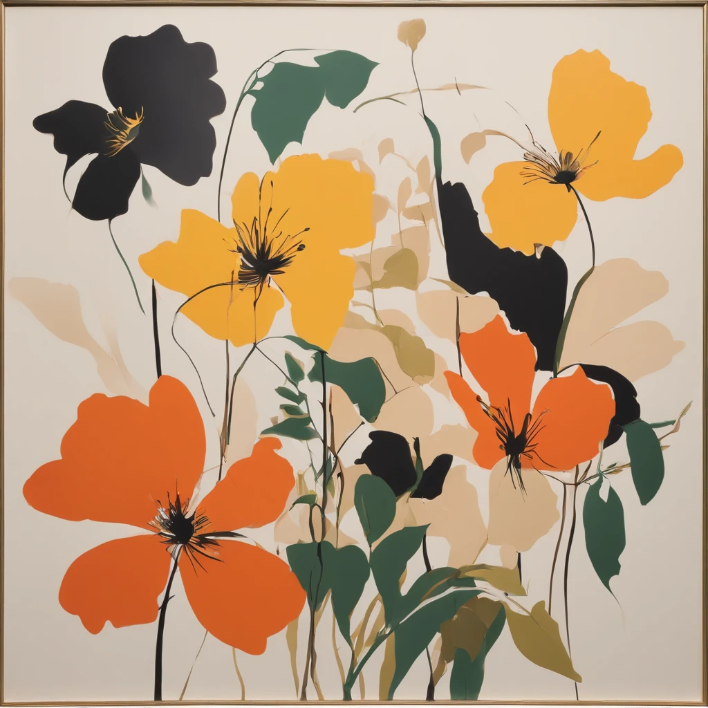 Behold, a minimal serigraph of flowers emerges on the canvas. Its bold and graphic nature captivates the eye, while the cut-up collage style adds a touch of intrigue. The vibrant colors and gestural brushwork breathe life into the composition. This masterpiece, crafted by the genius of Albert Oehlen and Hilma af Klint, fuses their unique artistic visions, pushing the boundaries of traditional
