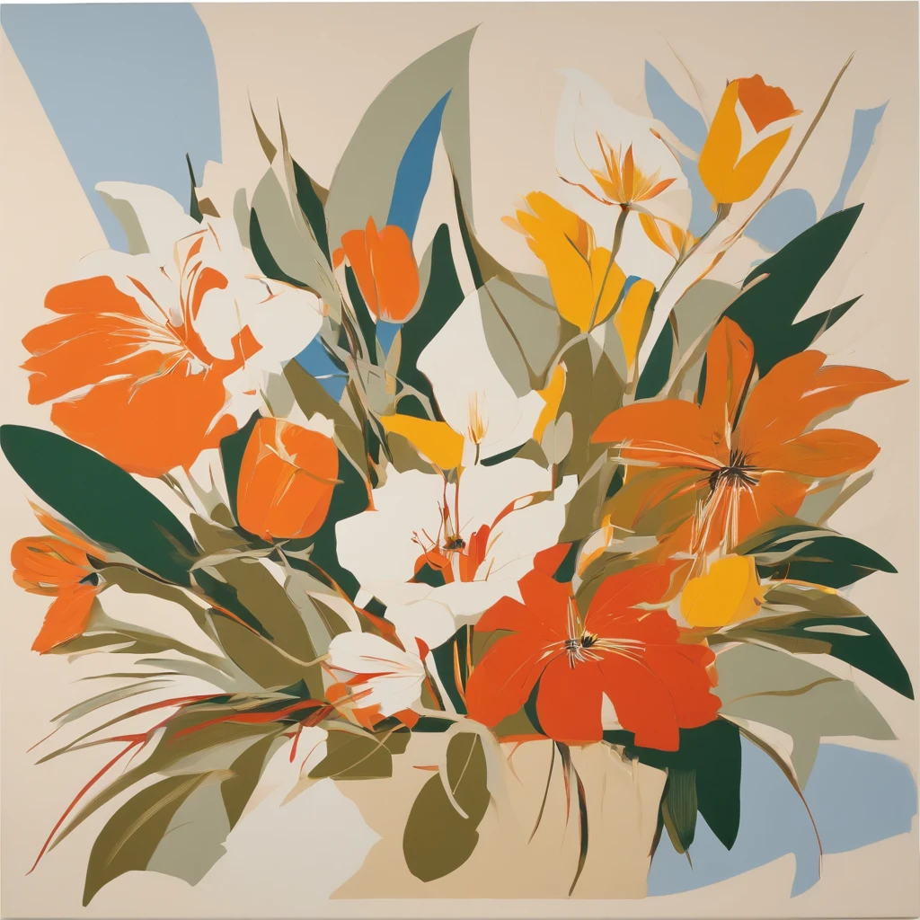 Behold, a minimal serigraph of flowers emerges on the canvas. Its bold and graphic nature captivates the eye, while the cut-up collage style adds a touch of intrigue. The vibrant colors and gestural brushwork breathe life into the composition. This masterpiece, crafted by the genius of Albert Oehlen and Hilma af Klint, fuses their unique artistic visions, pushing the boundaries of traditional