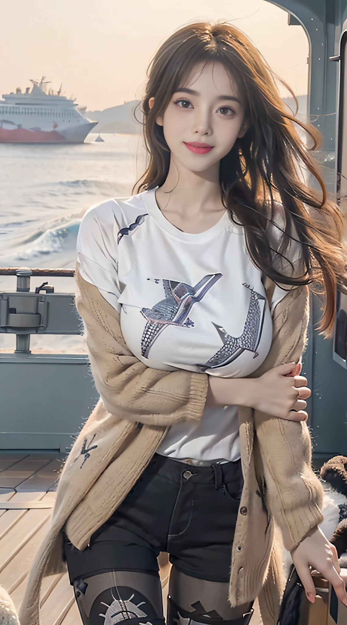 (((1girl in)):1.3),((anatomy correct):1.45),(Manset T-Shirt Shorts)、(Torn low-rise black shorts:1.2),((((((Patterned))))) ,(pantyhose):1.3),( Camel colored boots:1.1),Structurally correct, high detailing, super detailing, (wool coat:1.2)、((A smile))、full body Esbian、Beautiful Face Woman、32years old、((very Bigger breasts))、pointed chest、long eyeslashes、Colorcon、Big 、Very detailed eyes、Highly detailed eyebrows、(Sharp Eyebrows)、(Thin eyebrows)、(((On board the ship)))、(((Sea view from the deck)))、Three flying gulls、brunette disheveled、the wind