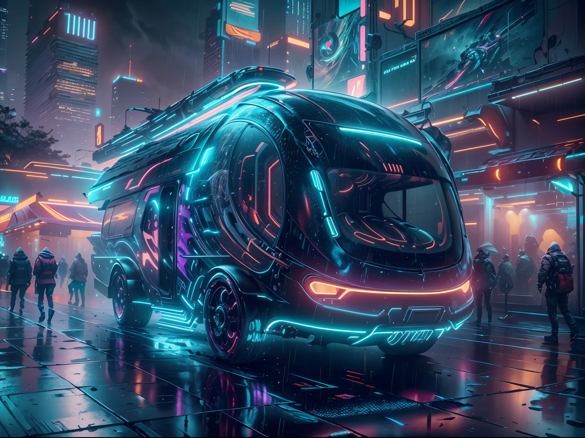 (best quality,4k,8k,highres,masterpiece:1.2),ultra-detailed,(realistic,photorealistic,photo-realistic:1.37), floating above the ground,cyberpunk style RV,futuristic vehicle,hovering in the air,blue and purple neon light,abstract graffiti covering the motor home,body of the RV covered with smooth and sleek metallic panels,prominent geometric shapes,edgy and futuristic design features,anti-gravity technology,hovering without wheels,suspended in mid-air,blinking neon lights illuminating the surroundings,HDR,UHD,studio lighting,ultra-fine painting,sharp focus,physically-based rendering,extreme detail description,professional,vivid colors,bokeh,scenic night view with towering skyscrapers in the background,glowing holographic advertisements,heavy rain pouring down,reflecting the neon lights on the wet pavement,sci-fi concept,high-tech cityscape with flying drones and holographic projections,blurred movement of people rushing by,impressive perspective from a low angle,showcasing the grandeur of the cyberpunk world.