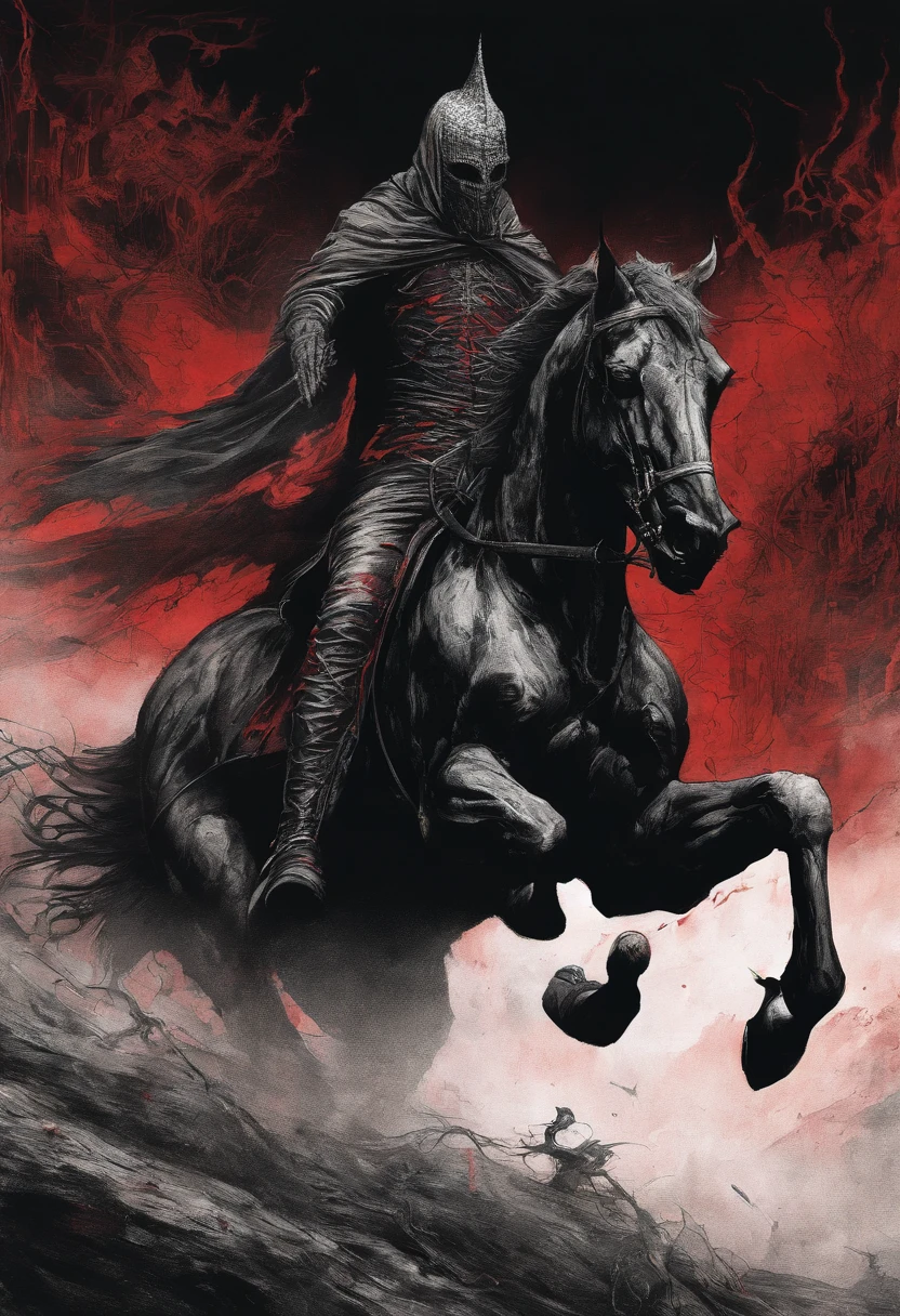 Masked Man on a Black Horse, un grand livre ouvert dans la main, eyes illuminated bright red color, dessiner dans le style du manga baki avec fond apocalyptique