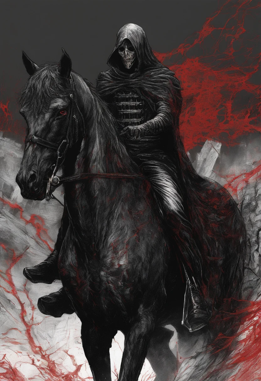 Masked Man on a Black Horse, un grand livre ouvert dans la main, eyes illuminated bright red color, dessiner dans le style du manga baki avec fond apocalyptique