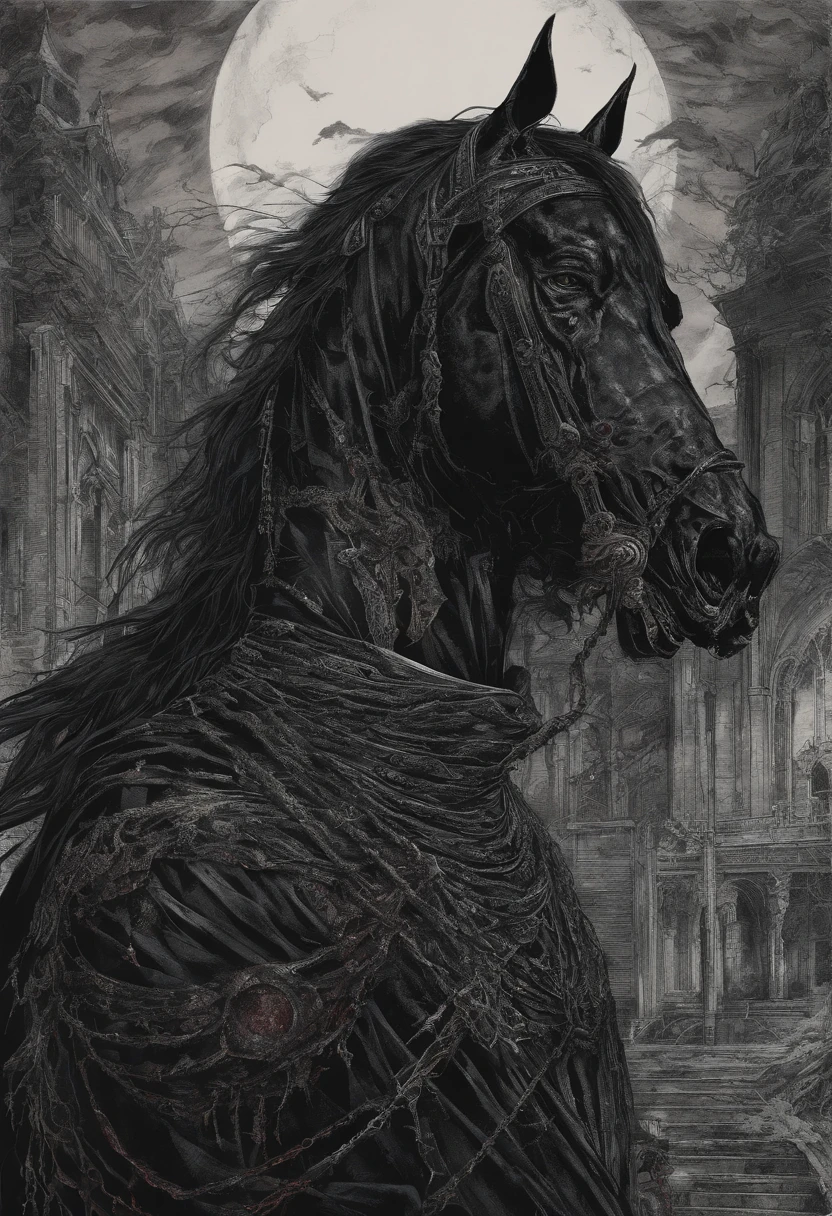 Masked Man on a Black Horse, un grand livre ouvert dans la main, eyes illuminated bright red color, dessiner dans le style du manga baki avec fond apocalyptique