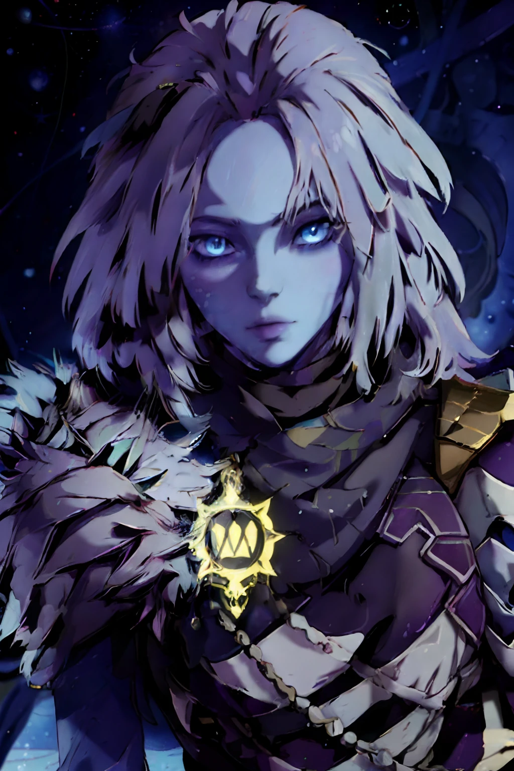 ((masterpiece)), (best quality), 8k, ultra-detailed, absurdress, mara sov, destiny 2, space, colorful background, blue eyes, colored skin,