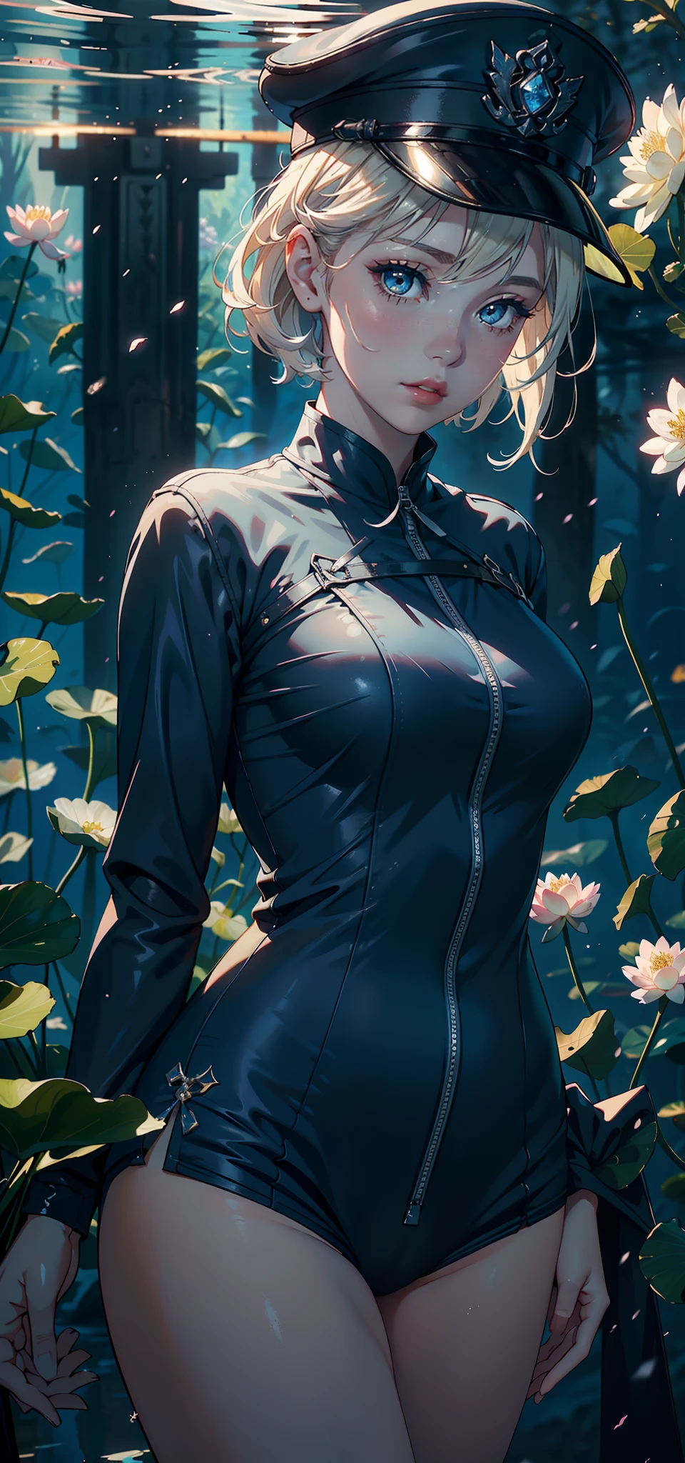 (Background with:ponds,Cherry blossom forest,lotus flower)Lie underwater, She has short blonde hair,bobo head,seen from the front,mostly cloudy sky,(((tmasterpiece),(Very detailed CG unity 8K wallpaper),best qualtiy,cinmatic lighting,detailed back ground,beatiful detailed eyes,Bright pupils,Blue eyes,Snow-whiteskin,Redlip(Very fine and beautiful),(Beautiful and detailed eye description),ultra - detailed,tmasterpiece,))facing at camera,A high resolution,ultra - detailed),revealing ,Bare genitalia, Bulge,legs are open,Raised sexy,Ca toesor dissatisn,frontage,air force(Wearing : black bomber jacket,Black jumpsuits ,on cheongsam)Officer's cap