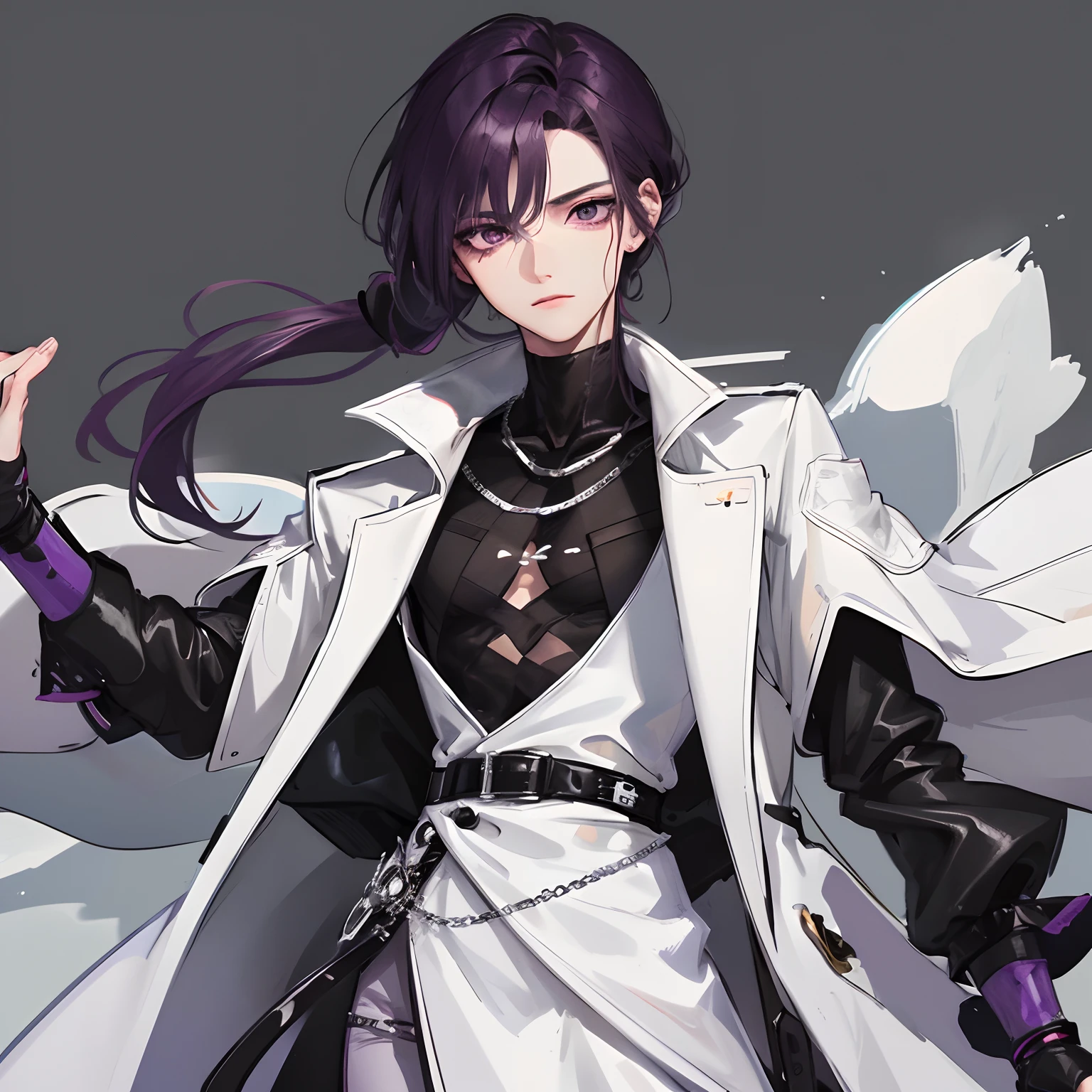 young skinny guy, delicate facial features, long dark purple hair gathered in a low ponytail, a lot of silver jewelry, dark tight-fitting clothes, white coat, belts, dark faded look, tired face