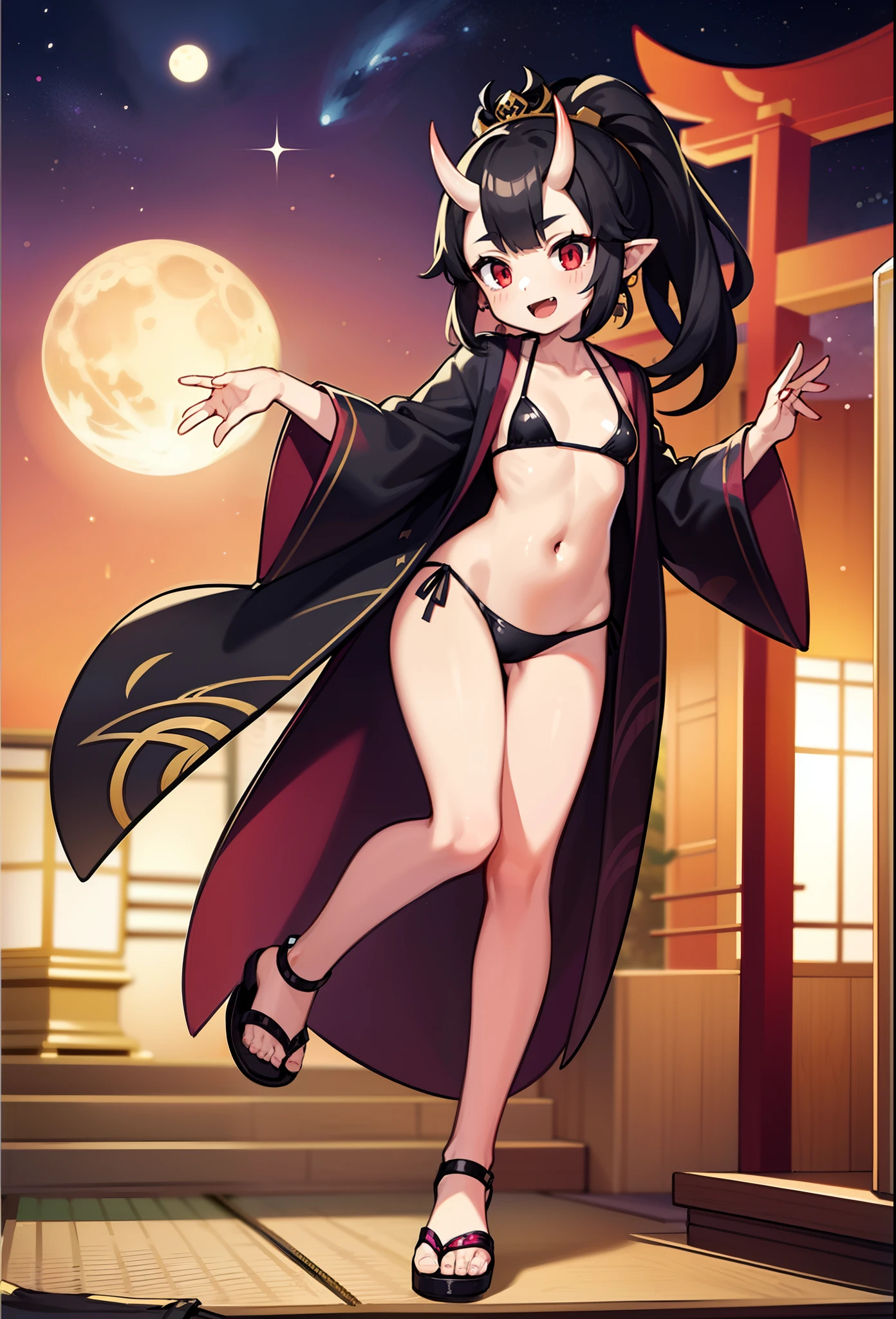 1 girl, light skin, small breasts, black hair, oni horns, red eyes, long ponytail, emo hairstyle, purple kimono, open clothes, black bikini, princess tiara, flip flops, japanese temple, night sky, moon, high quality, skinny, masterpiece, detailed body, detailed face, detailed eyes, glistering body, shiny body, full body, :), flip flops,