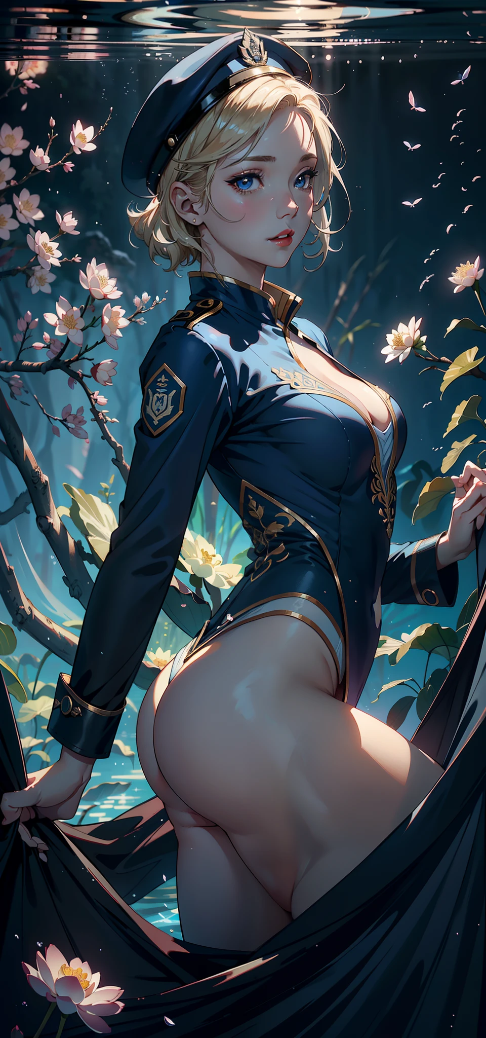 (Background with:ponds,Cherry blossom forest,lotus flower)Lie underwater, She has short blonde hair,bobo head,seen from the front,mostly cloudy sky,(((tmasterpiece),(Very detailed CG unity 8K wallpaper),best qualtiy,cinmatic lighting,detailed back ground,beatiful detailed eyes,Bright pupils,Blue eyes,Snow-whiteskin,Redlip(Very fine and beautiful),(Beautiful and detailed eye description),ultra - detailed,tmasterpiece,))facing at camera,A high resolution,ultra - detailed),revealing breasts,Bare genitalia, Bulge,legs are open,Raised sexy,Camel toes,Desire for dissatisfaction,frontage,us airforce(Wearing : ,Black jumpsuits ,Blue cheongsam)Officer's cap