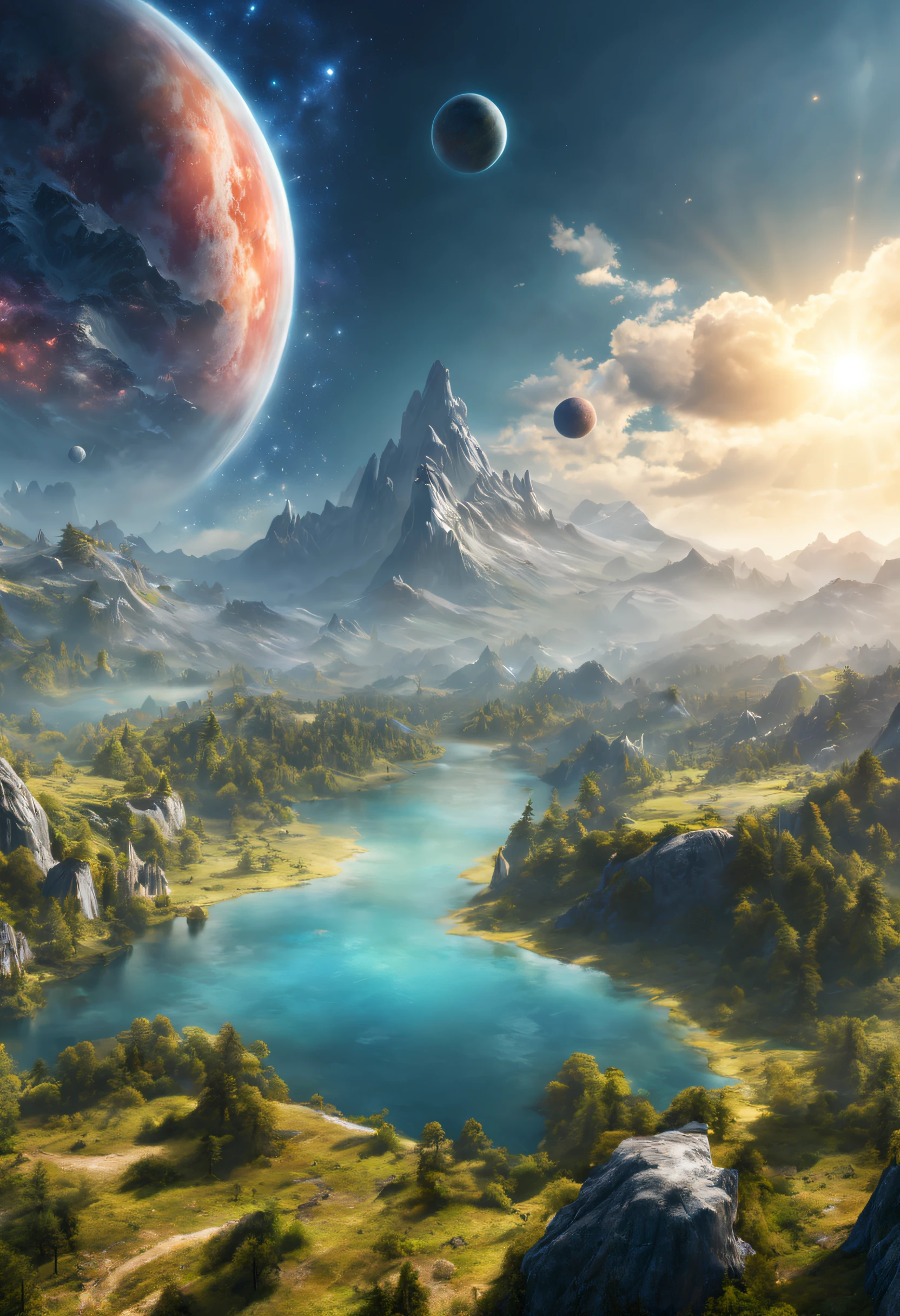 magical valley with mountains forests lakes, rivers and beautifull sky full of planets galaxies clouds and everything, ultra realistic, 4k, no blur, shiny, masterpiece, gorgeous, beautiful, 8k, ultrahd