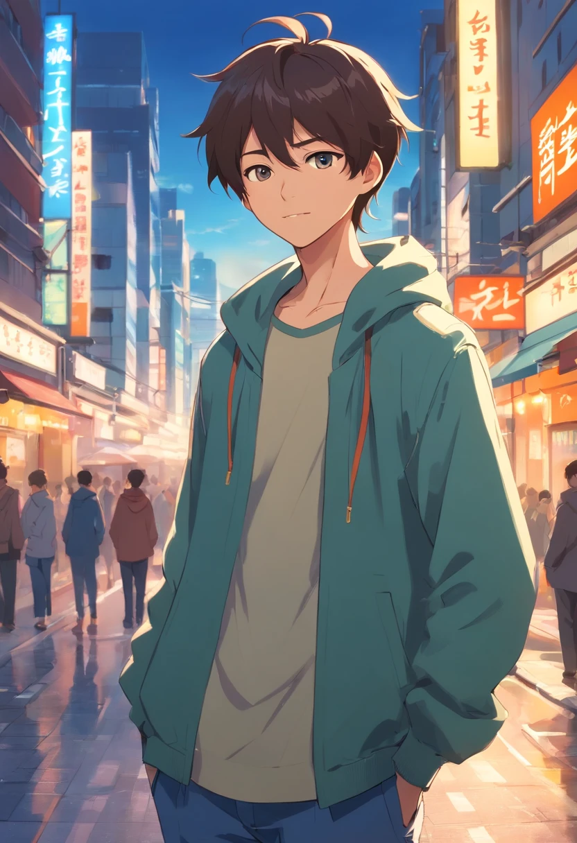 A boy, transformed into an anime style, with exaggerated unique facial features and clothing, standing on a bustling city street, backlit background highlighting the subject, high-contrast colors, 4K high-definition quality，young, smiling, handsome