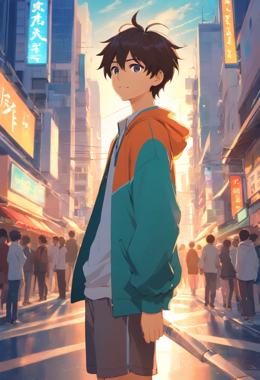 A boy, transformed into an anime style, with exaggerated unique facial features and clothing, standing on a bustling city street, backlit background highlighting the subject, high-contrast colors, 4K high-definition quality，young, smiling, handsome