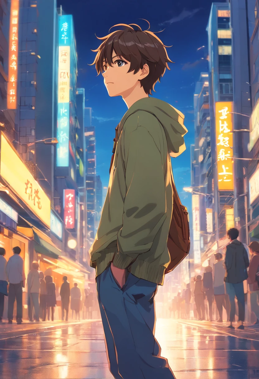 A boy, transformed into an anime style, with exaggerated unique facial features and clothing, standing on a bustling city street, backlit background highlighting the subject, high-contrast colors, 4K high-definition quality，young, smiling, handsome