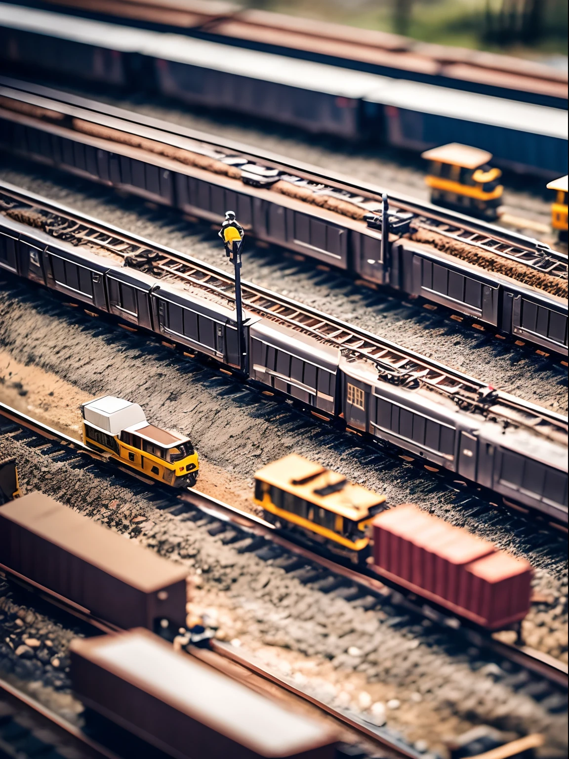 Tilt-shift photography, tiny little miniature contruction men building-up a complex railroad, action scene.