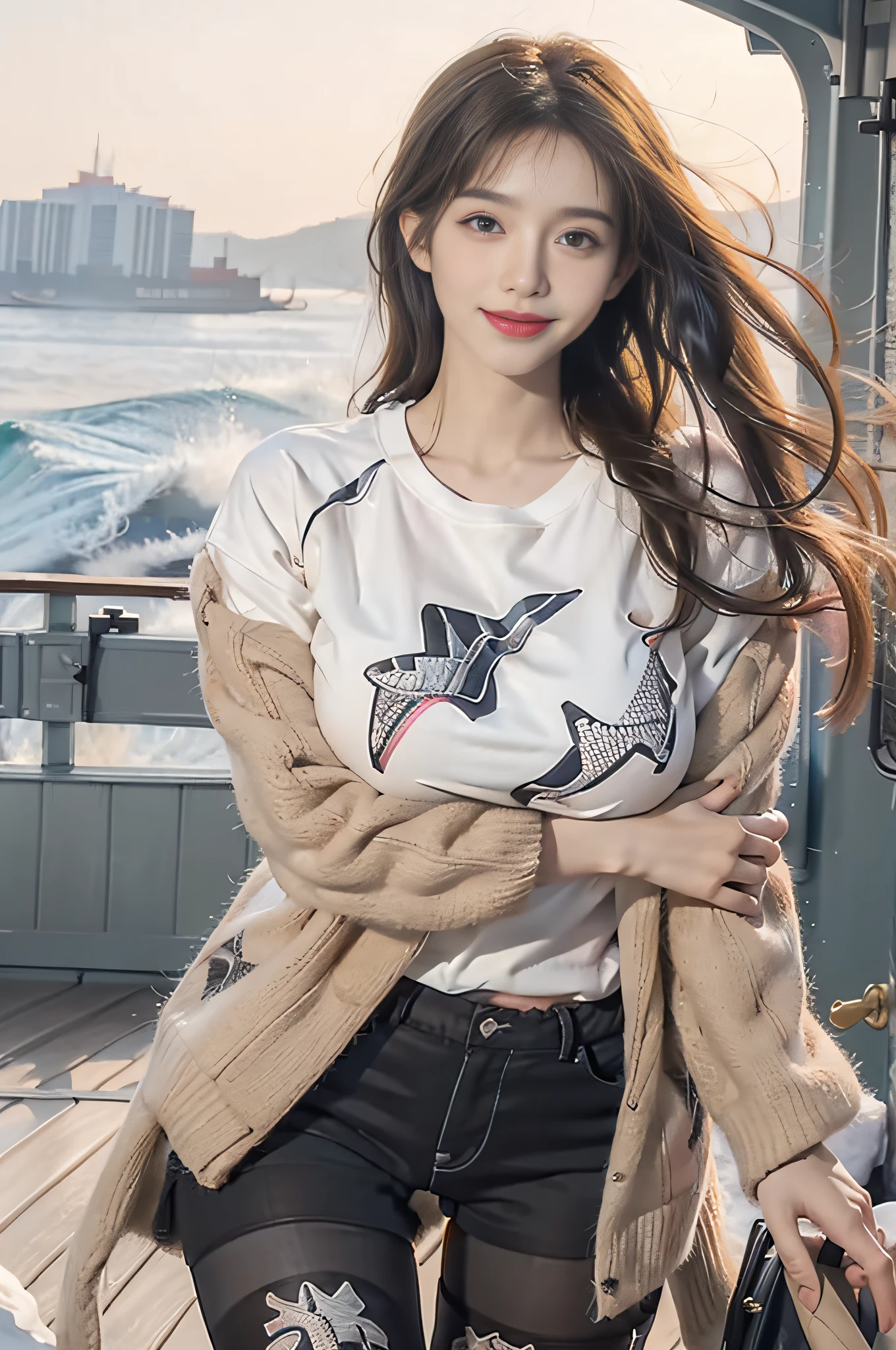 (((1girl in)):1.3),((anatomy correct):1.45)，(Manset T-Shirt Shorts)、(Torn low-rise black shorts:1.2),((((((Patterned))))) ,(pantyhose):1.3),( Camel colored boots:1.1)，Structurally correct,  high detailing, super detailing,  (wool coat:1.2)、((A smile))、full body Esbian、Beautiful Face Woman、32years old、((very Bigger breasts))、pointed chest、long eyeslashes、Colorcon、Big 、Very detailed eyes、Highly detailed eyebrows、（Sharp Eyebrows）、（Thin eyebrows）、(((On board)))、(((Sea view from the deck)))、Three gulls、brunette disheveled、the wind