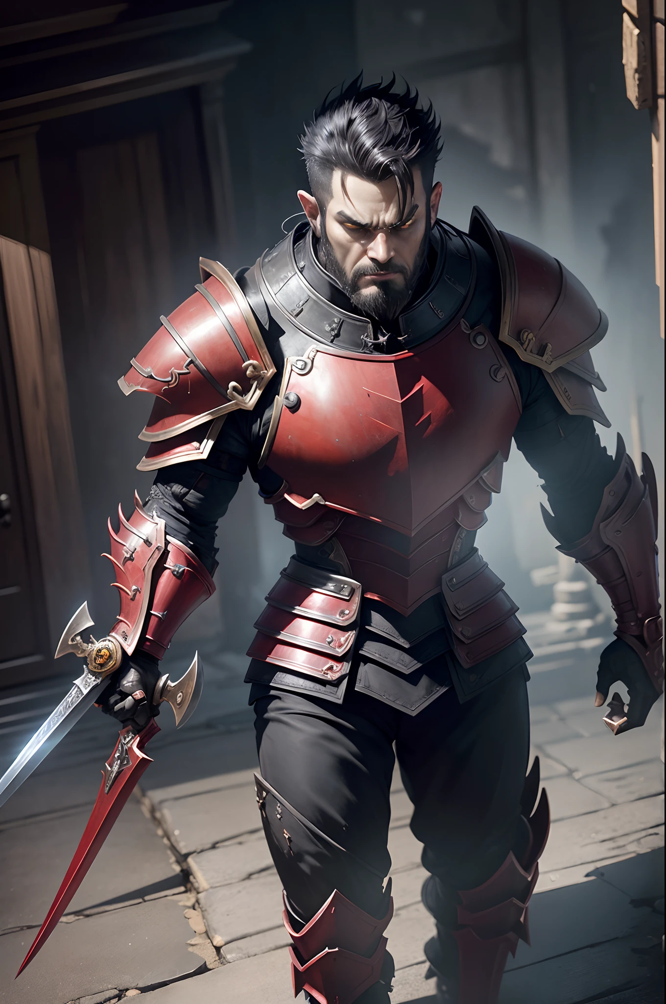 8K分辨率(full body Esbian:1.3)shots、splashart、Great cartoon style、Photorealistic and intense look、Male knight with fearless face,Anatomical Photorealistic Digital Painting(Adult male:1.3)Human portrait(AS-Adult:1.3)Black and silver complex(heavily armored:1.3)with  the(Dark and moody universe:1.3)、light particules、highlydetailed skin、knights、extremely detailed eye、 (Elden Ring-style:1.1)、(warhammer style:1.3)、Concept Artist、globalillumination、depth of fields、splashart、art by:ArtGerm、by Greg Rutkowsky、viktoria gavrilenko,Big Sword Details,Male Knight