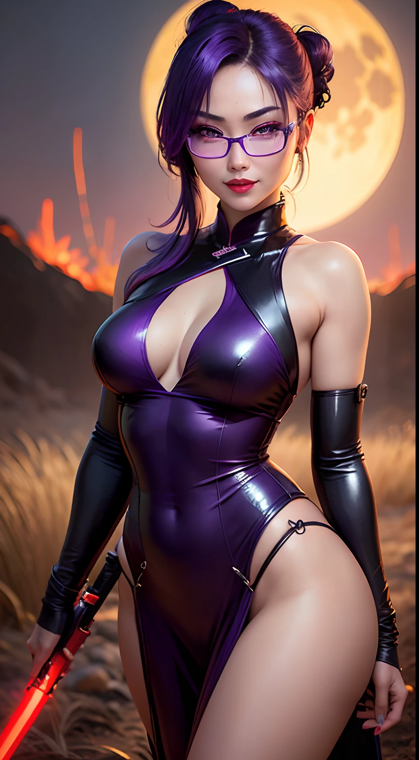 Behind the beautiful female ninja of Chinese amnesty、Stand with a lightsaber in a burnt field at night turn、Look at me with a sexy smile About 40 years old Big moon in the background Chinese actress eye glass Smooth purple hair heavy make up bright red lips full body Esbian Looking at the camera Asian Beauty a scene from a movie