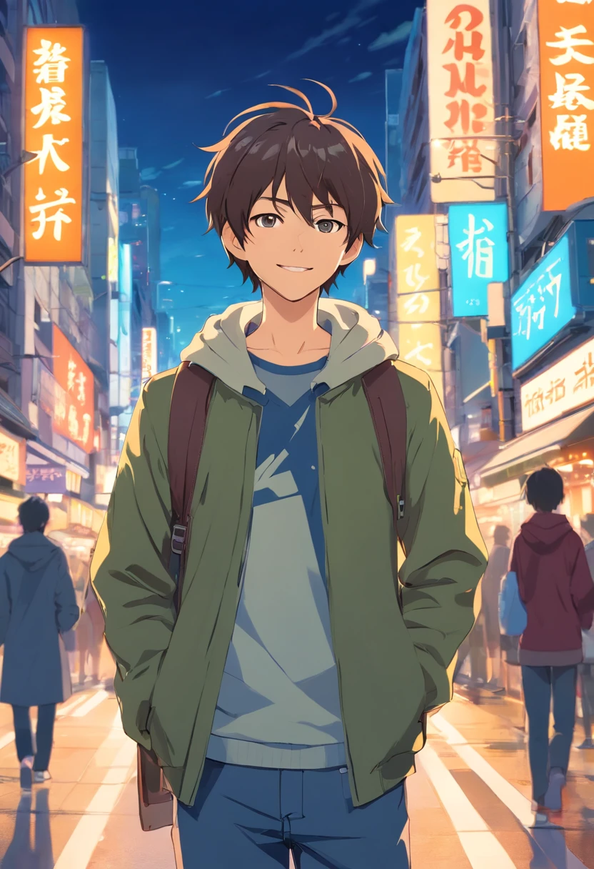 A guy, transformed into an anime style, with exaggerated unique facial features and clothing, standing on a bustling city street, backlit background highlighting the subject, high-contrast colors, 4K high-definition quality，young, smiling, handsome