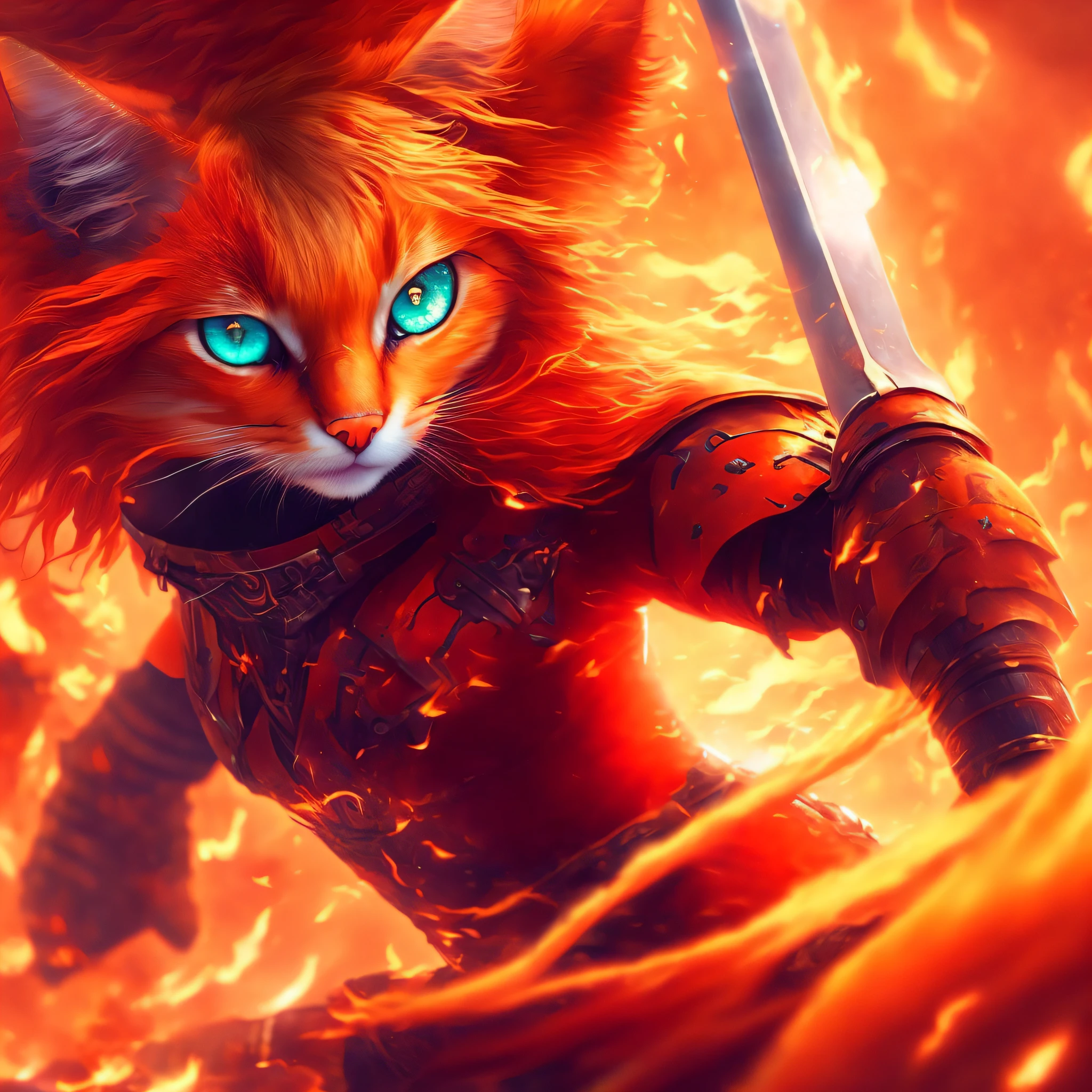 high quality digital illustration, close up portrait, perfect portrait, cinematic composition, fantasy style art, a pretty and heroic young anthropomorphic female cat, orange fur, orange hair, orange color, orange face, long eyelashes, big eyelashes, pretty eyes, fire in her eyes, blazing fiery eyes, eyes on fire, fire inside pupils, flaming eyes, protagonist, a female orange haired and teal-eyed cat warrior, red warrior dress, looking heroic, slight smile, determined look, fire, swirling fire, fire in the air, dramatic lighting, 4k, stunning visuals